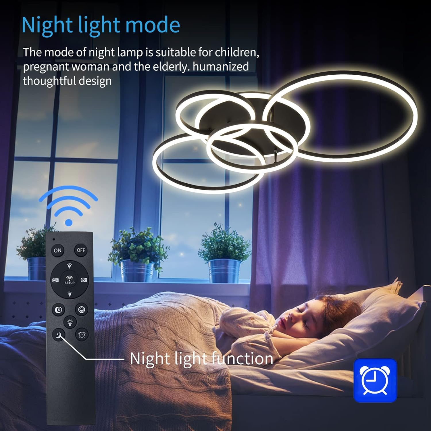 Modern LED Ceiling Light 90W Dimmable Ceiling Light Fixture with Remote Control 5 Rings Flush Mount Ceiling Light Black Acrylic Chandelier LED for Living Room Bedroom Kitchen Light fixtures(4+1B01) - Image 3