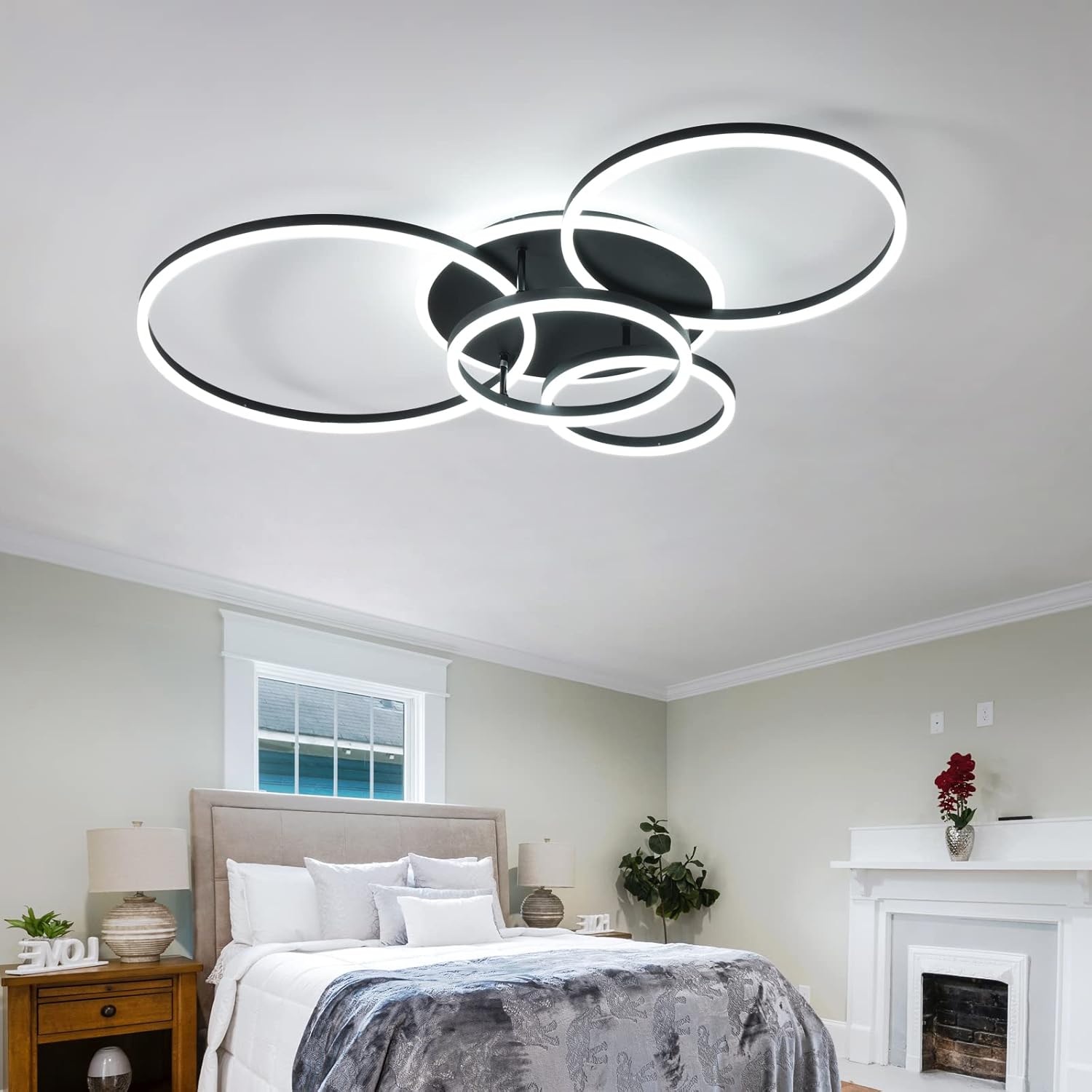 Modern LED Ceiling Light 90W Dimmable Ceiling Light Fixture with Remote Control 5 Rings Flush Mount Ceiling Light Black Acrylic Chandelier LED for Living Room Bedroom Kitchen Light fixtures(4+1B01) - Image 6