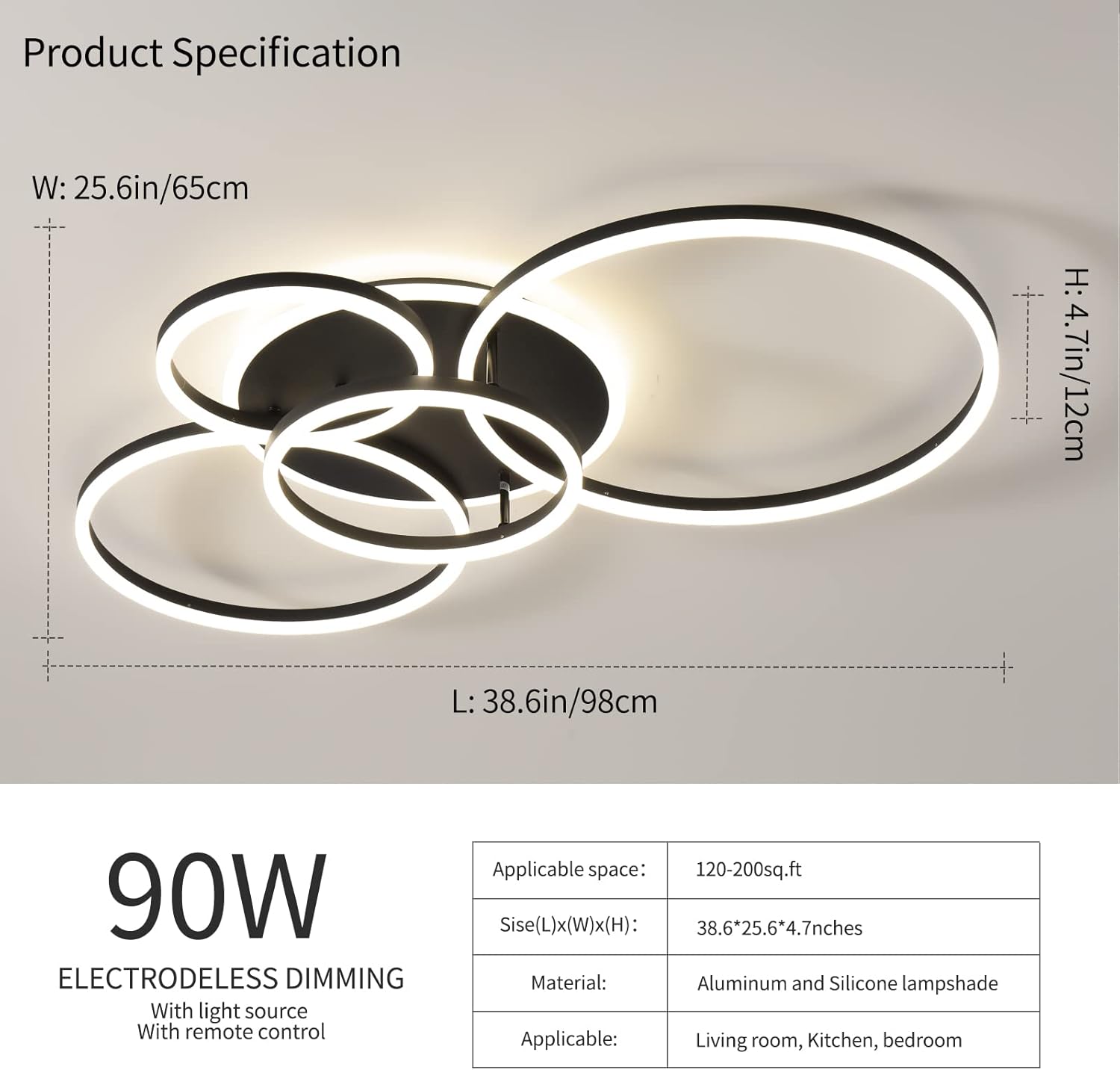 Modern LED Ceiling Light 90W Dimmable Ceiling Light Fixture with Remote Control 5 Rings Flush Mount Ceiling Light Black Acrylic Chandelier LED for Living Room Bedroom Kitchen Light fixtures(4+1B01) - Image 4
