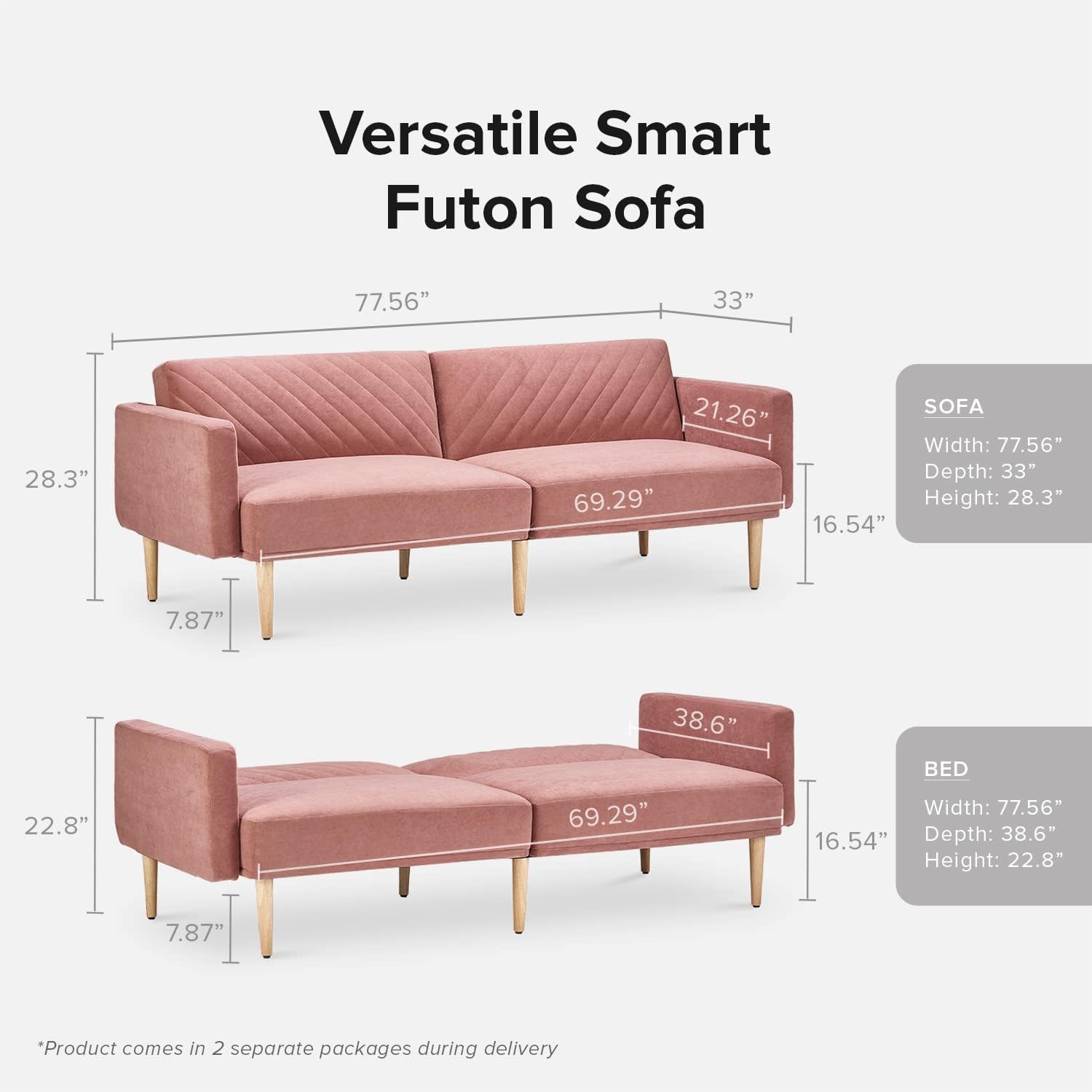 mopio Chloe Futon Sofa Bed, Convertible Sleeper Sofa with Tapered Wood Legs, 77.5" W, Small Splitback Sofa for Living Room, Twin - Image 2