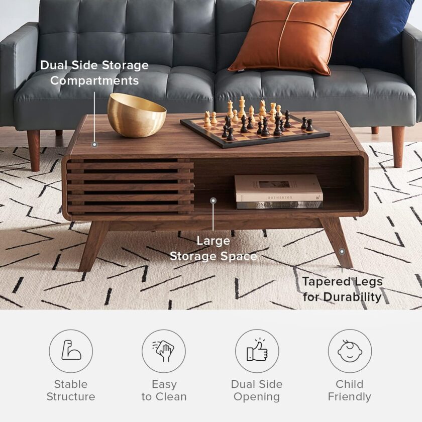 Mopio Ensley Coffee Table, Mid Century Modern Coffee Table with Storage, Rectangle Living Room Tables, Center Table, Walnut Grain - Image 4