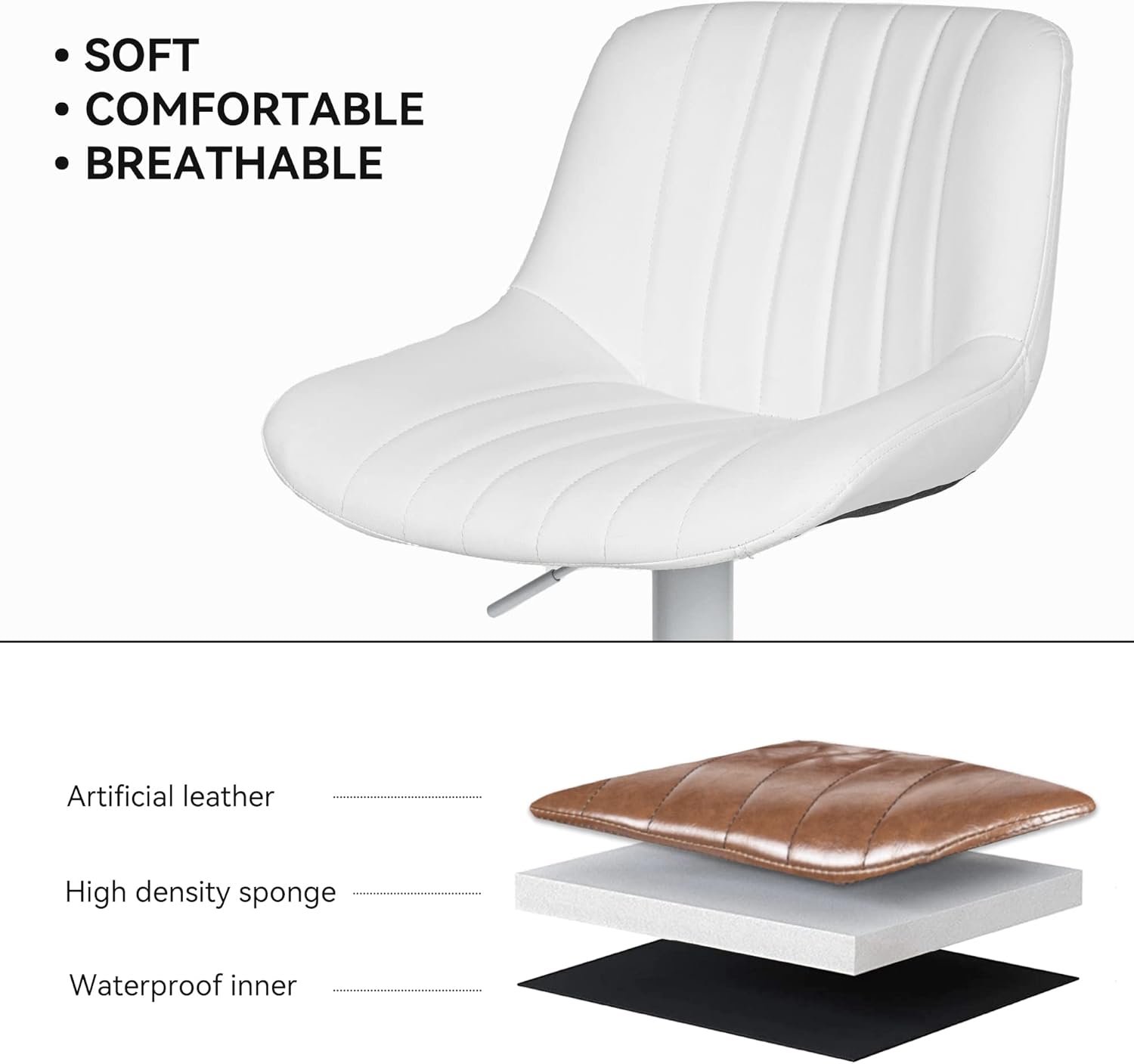 Nalupatio Bar Stools Set of 2 Adjustable Counter Height Morden Swivel Bar Stools with Backs Leather Seat Island Chairs for Home Kitchen White - Image 6