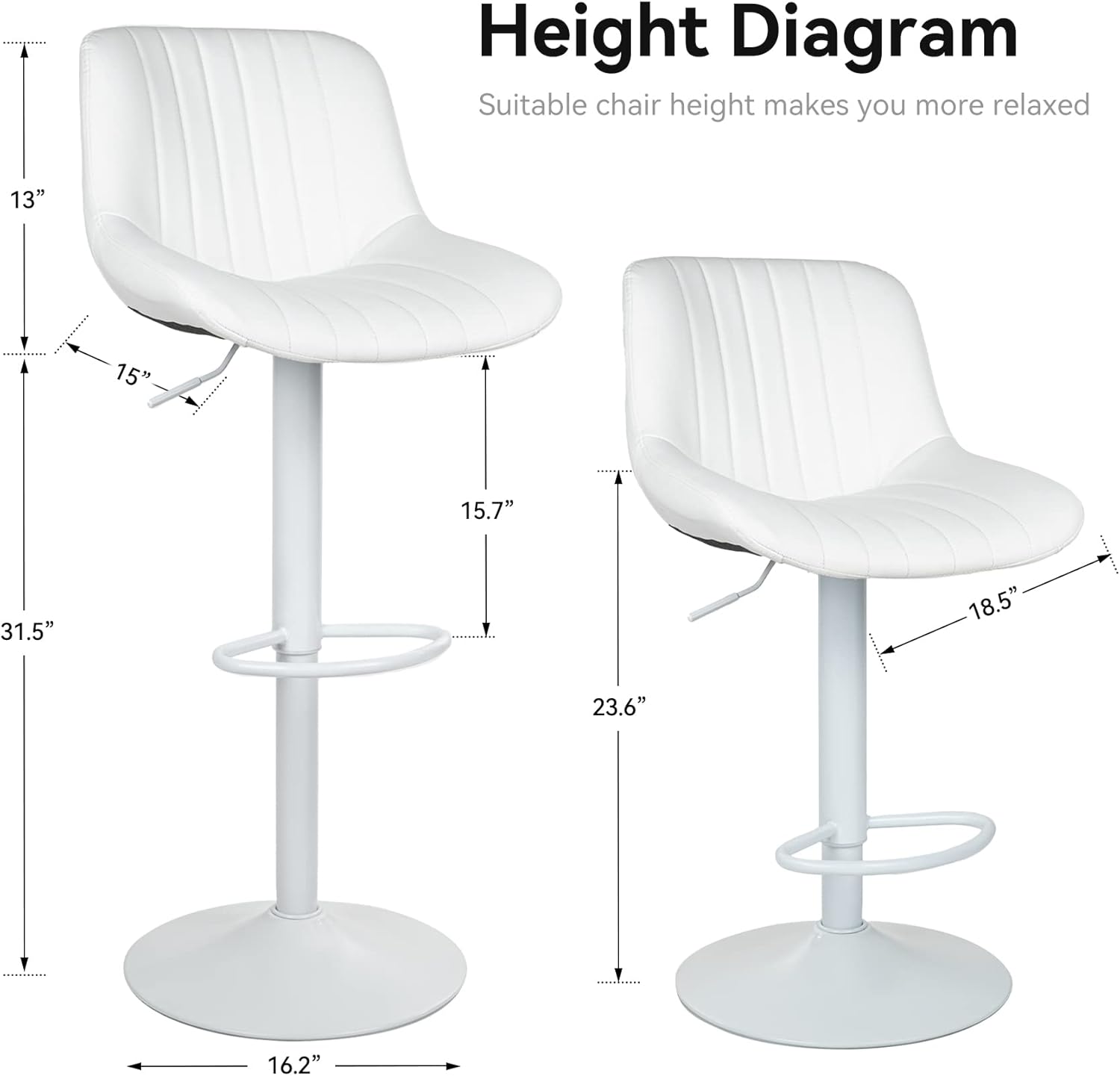 Nalupatio Bar Stools Set of 2 Adjustable Counter Height Morden Swivel Bar Stools with Backs Leather Seat Island Chairs for Home Kitchen White - Image 3