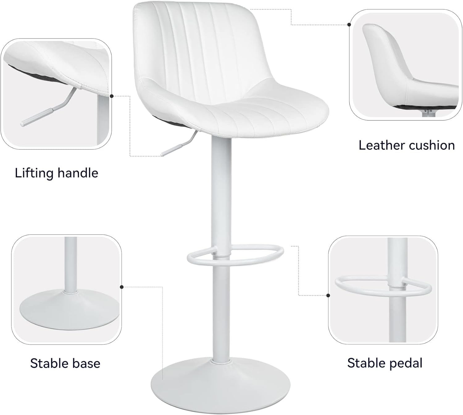 Nalupatio Bar Stools Set of 2 Adjustable Counter Height Morden Swivel Bar Stools with Backs Leather Seat Island Chairs for Home Kitchen White - Image 4