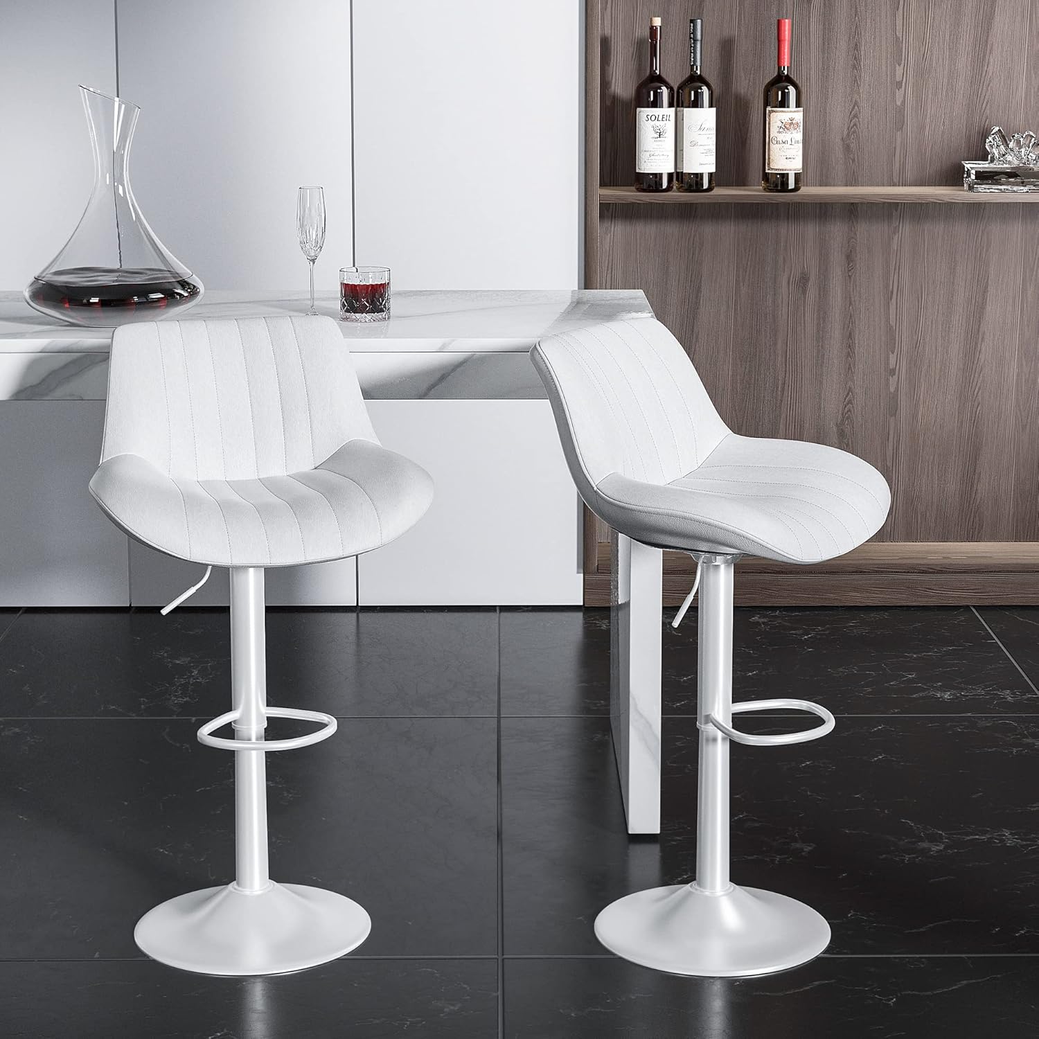 Nalupatio Bar Stools Set of 2 Adjustable Counter Height Morden Swivel Bar Stools with Backs Leather Seat Island Chairs for Home Kitchen White