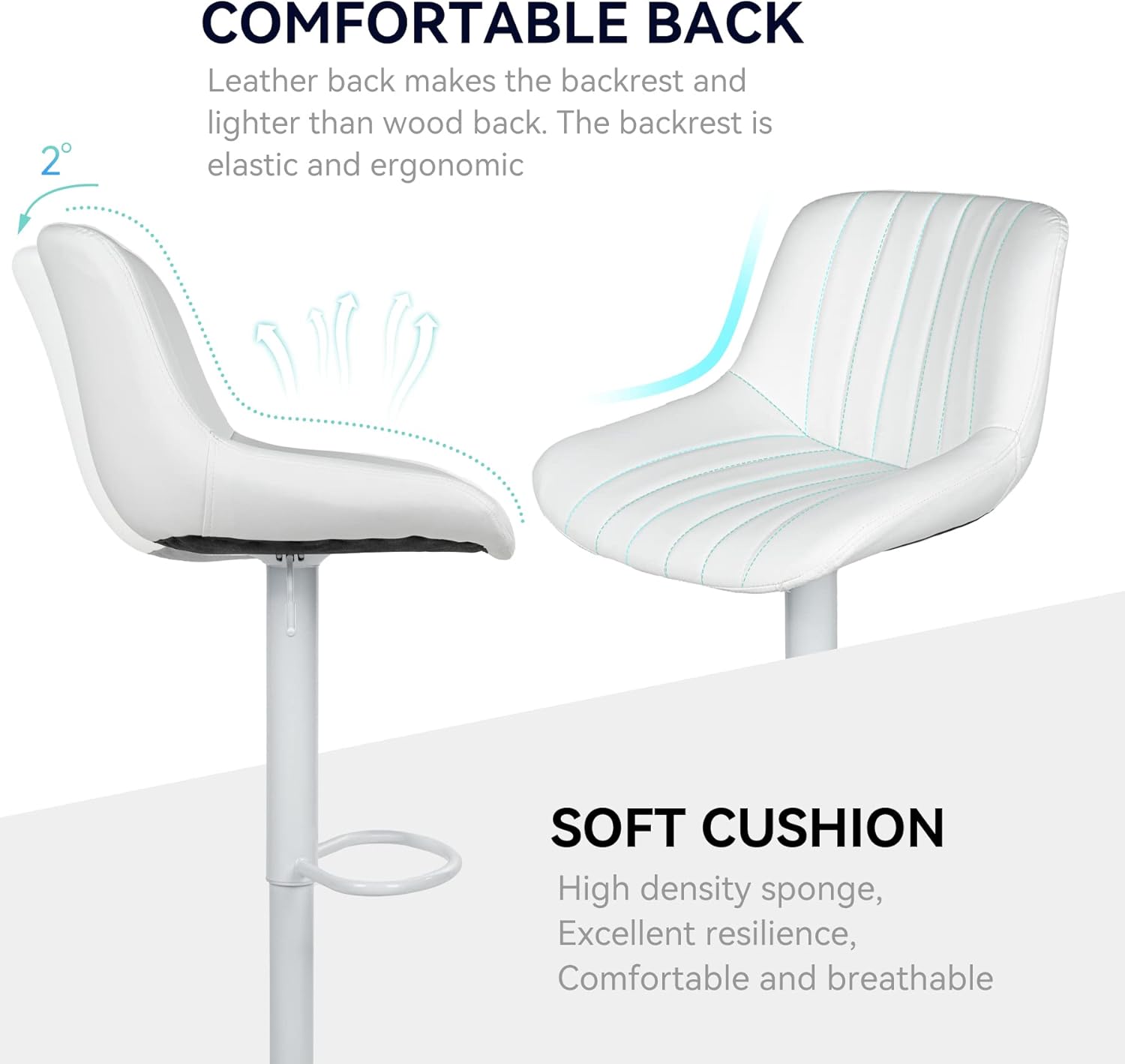 Nalupatio Bar Stools Set of 2 Adjustable Counter Height Morden Swivel Bar Stools with Backs Leather Seat Island Chairs for Home Kitchen White - Image 5