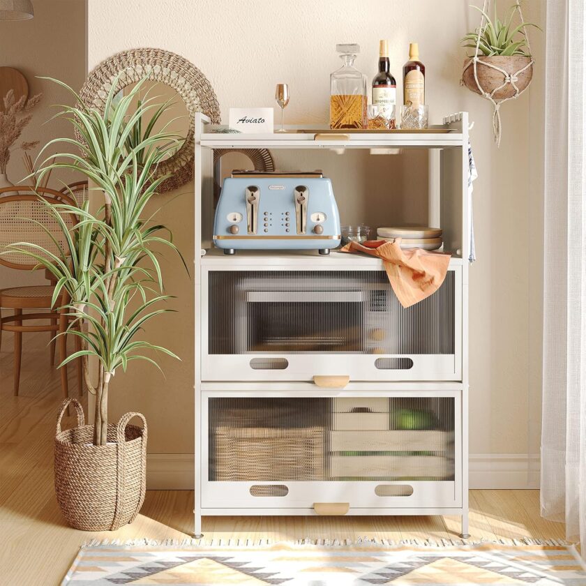 NETEL Bread Rack Coffee Station Microwave Rack Storage Rack, 5 Tier Kitchen Organizer Shelf for Dishes, Wine, Pots and Pans with 4 Hooks White and with of Brakeable Casters - Image 9