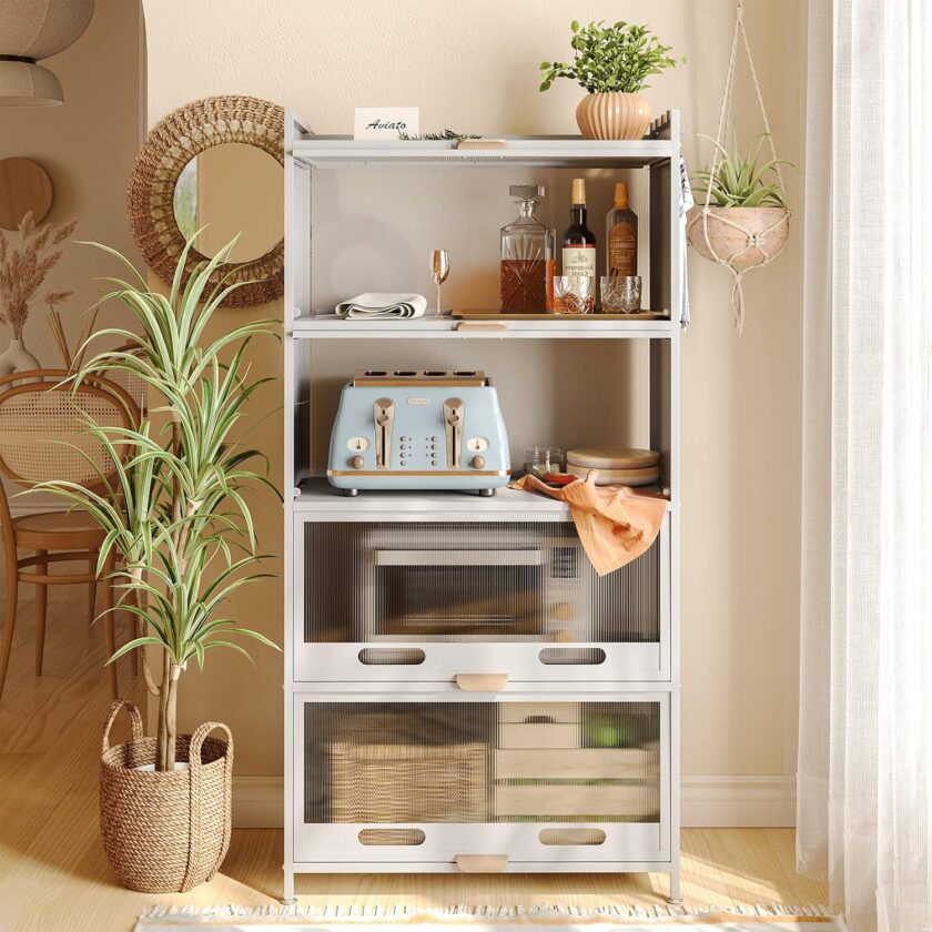 NETEL Bread Rack Coffee Station Microwave Rack Storage Rack, 5 Tier Kitchen Organizer Shelf for Dishes, Wine, Pots and Pans with 4 Hooks White and with of Brakeable Casters