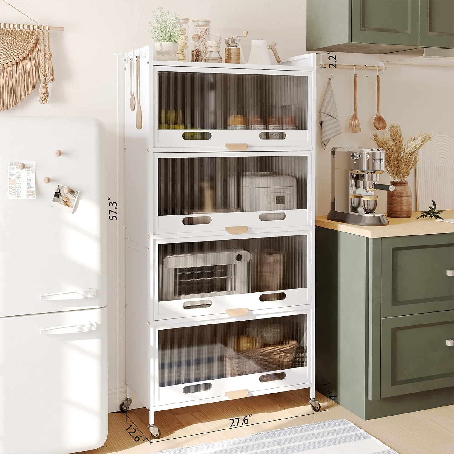 NETEL Bread Rack Coffee Station Microwave Rack Storage Rack, 5 Tier Kitchen Organizer Shelf for Dishes, Wine, Pots and Pans with 4 Hooks White and with of Brakeable Casters - Image 3