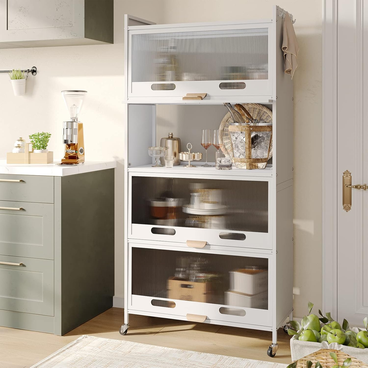 NETEL Bread Rack Coffee Station Microwave Rack Storage Rack, 5 Tier Kitchen Organizer Shelf for Dishes, Wine, Pots and Pans with 4 Hooks White and with of Brakeable Casters - Image 7