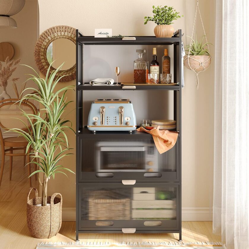 NETEL Bread Rack Coffee Station Microwave Rack Storage Rack, 5 Tier Kitchen Organizer Shelf for Dishes, Wine, Pots and Pans with 4 Hooks White and with of Brakeable Casters - Image 12