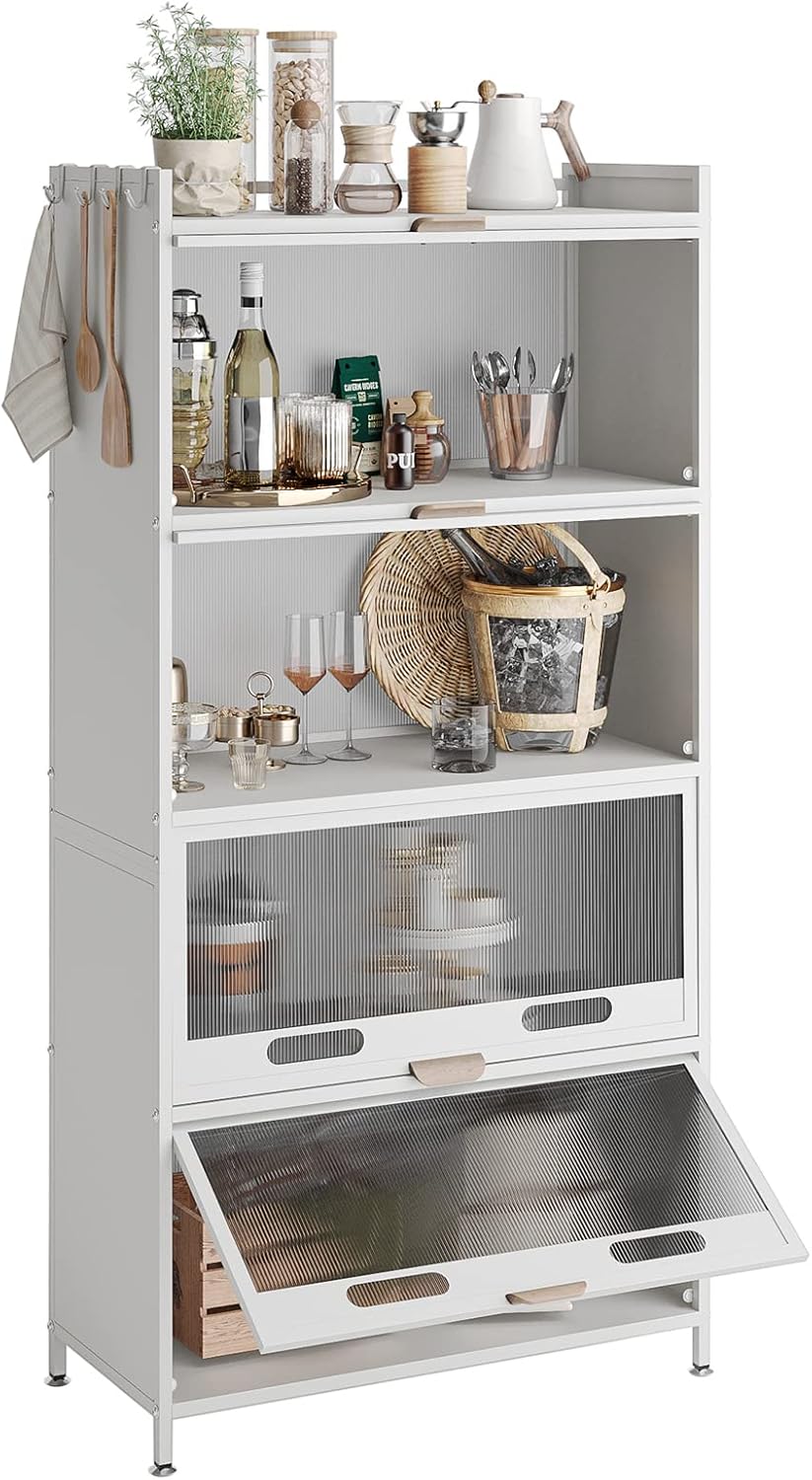 NETEL Bread Rack Coffee Station Microwave Rack Storage Rack, 5 Tier Kitchen Organizer Shelf for Dishes, Wine, Pots and Pans with 4 Hooks White and with of Brakeable Casters - Image 2