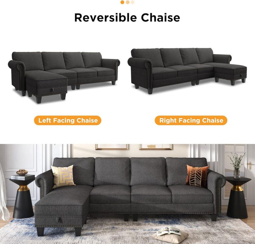 Nolany Convertible Sectional Sofa L Shape Couch with Reversible Chaise 4 Seat for Small Space Dark Grey - Image 7