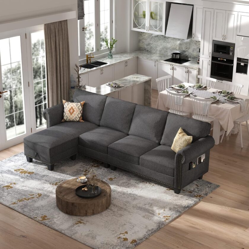 Nolany Convertible Sectional Sofa L Shape Couch with Reversible Chaise 4 Seat for Small Space Dark Grey - Image 3