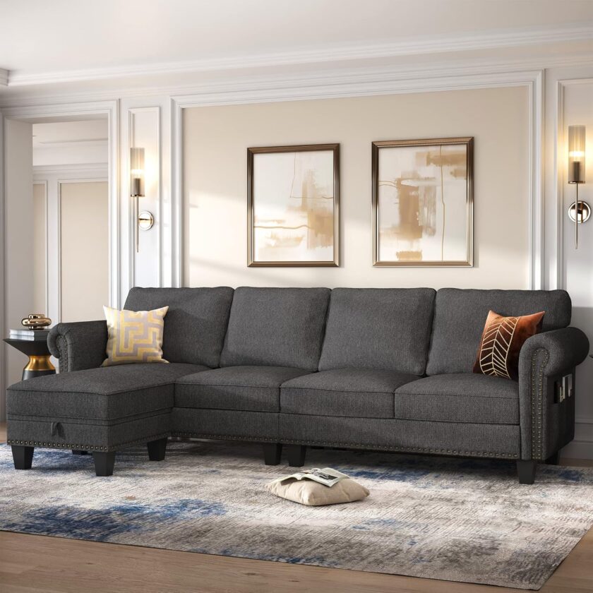 Nolany Convertible Sectional Sofa L Shape Couch with Reversible Chaise 4 Seat for Small Space Dark Grey - Image 4