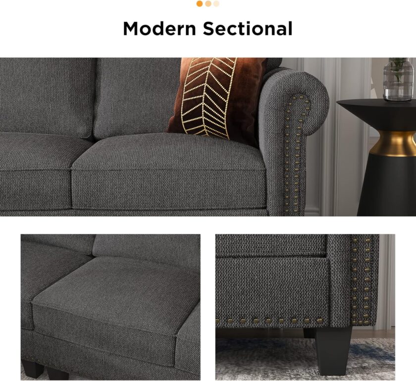 Nolany Convertible Sectional Sofa L Shape Couch with Reversible Chaise 4 Seat for Small Space Dark Grey - Image 8