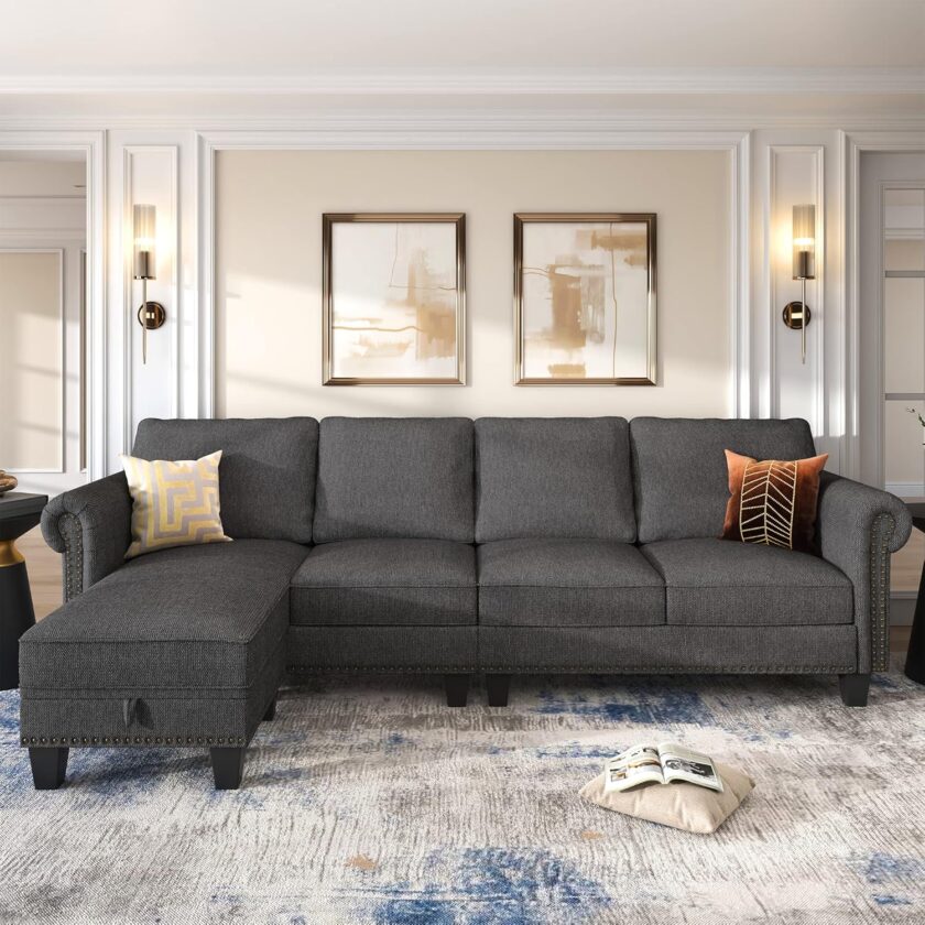 Nolany Convertible Sectional Sofa L Shape Couch with Reversible Chaise 4 Seat for Small Space Dark Grey