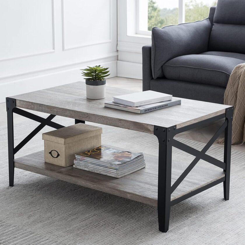 OKD 40" Industrial Coffee Table Cocktail Tables for Living Room Meeting Room, with X-Shaped Metal Frame, 10 Mins Quick Assembly, Light Rustic Oak