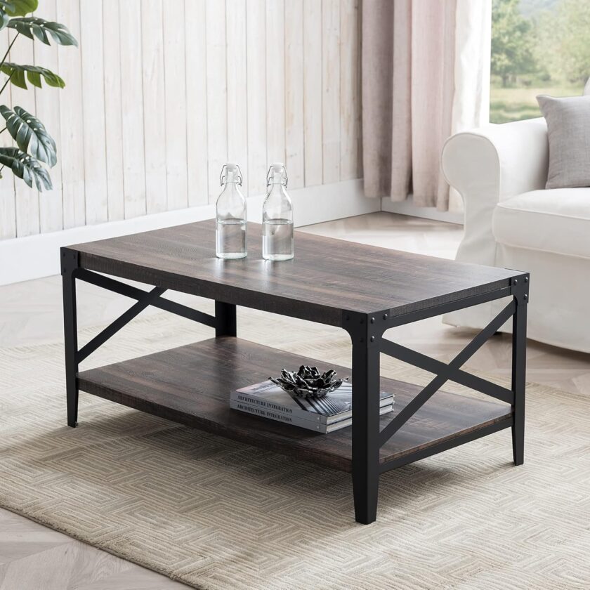 OKD 40" Industrial Coffee Table Cocktail Tables for Living Room Meeting Room, with X-Shaped Metal Frame, 10 Mins Quick Assembly, Light Rustic Oak - Image 8