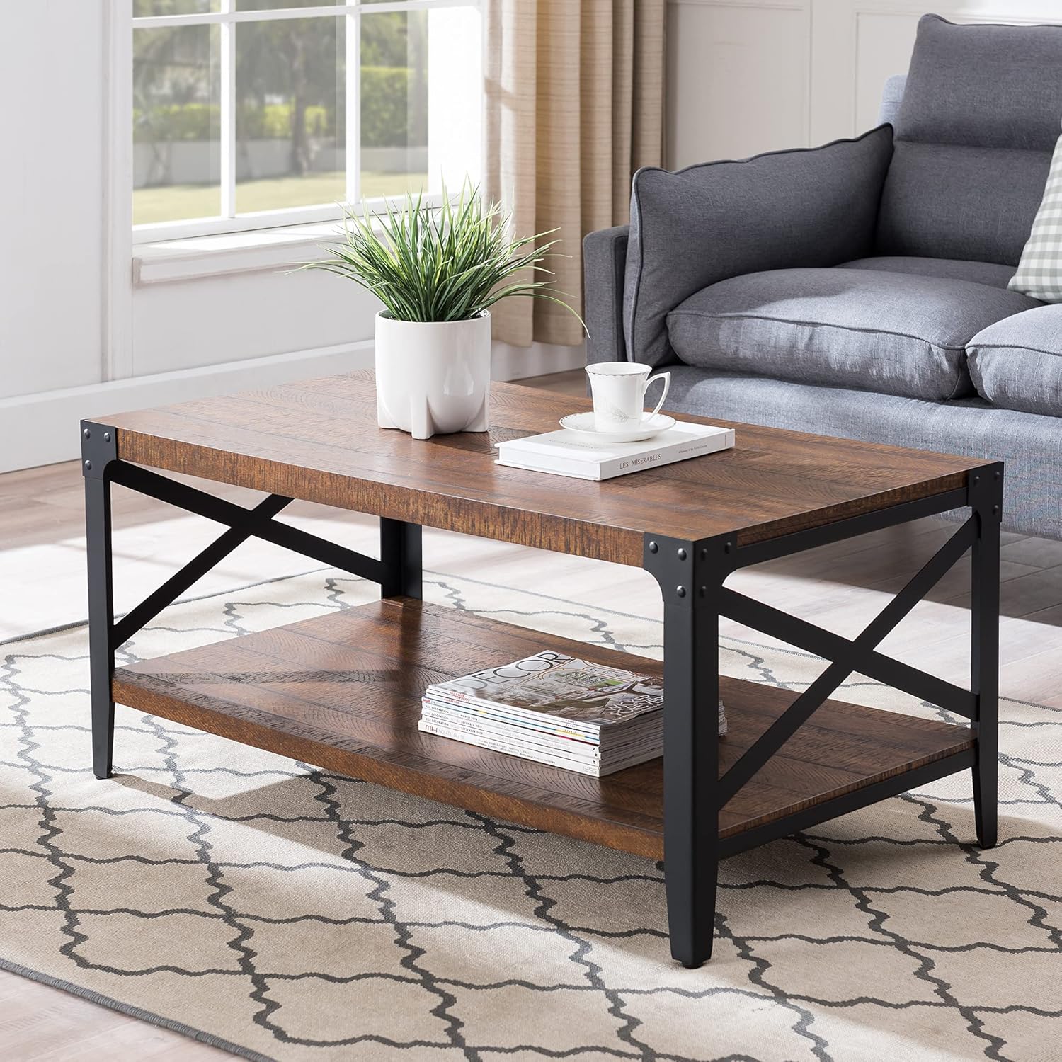 OKD 40" Industrial Coffee Table Cocktail Tables for Living Room Meeting Room, with X-Shaped Metal Frame, 10 Mins Quick Assembly, Light Rustic Oak - Image 9