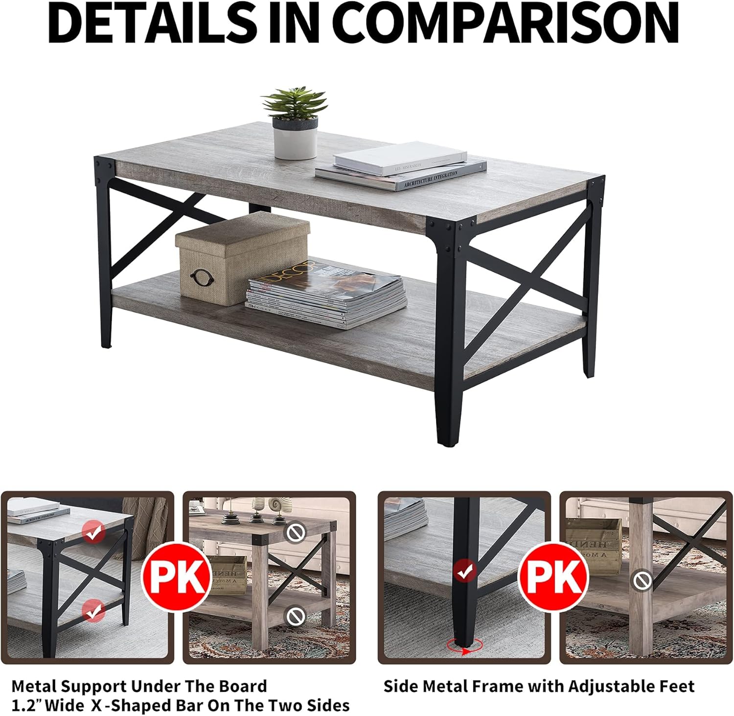 OKD 40" Industrial Coffee Table Cocktail Tables for Living Room Meeting Room, with X-Shaped Metal Frame, 10 Mins Quick Assembly, Light Rustic Oak - Image 5