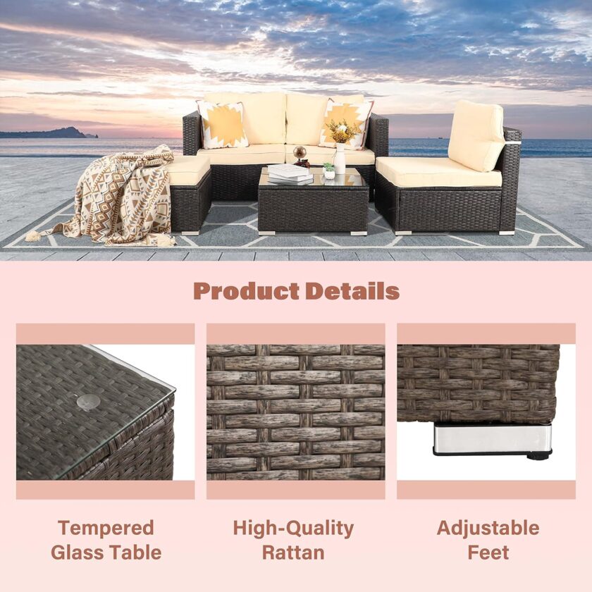 Oversize 5 Piece Patio Furniture Set,Outdoor Sectional Furniture,Patio Conversation Sets,Wicker Patio Furniture Sets,Porch Furniture Set,Outdoor Couch Patio Furniture,Rattan Outdoor Furniture - Image 4