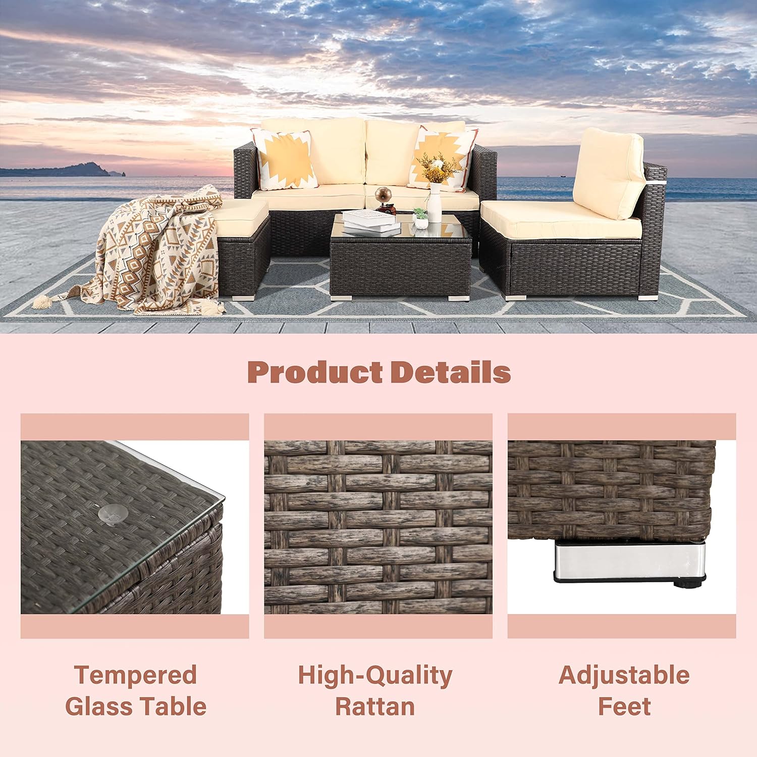 Oversize 5 Piece Patio Furniture Set,Outdoor Sectional Furniture,Patio Conversation Sets,Wicker Patio Furniture Sets,Porch Furniture Set,Outdoor Couch Patio Furniture,Rattan Outdoor Furniture - Image 4