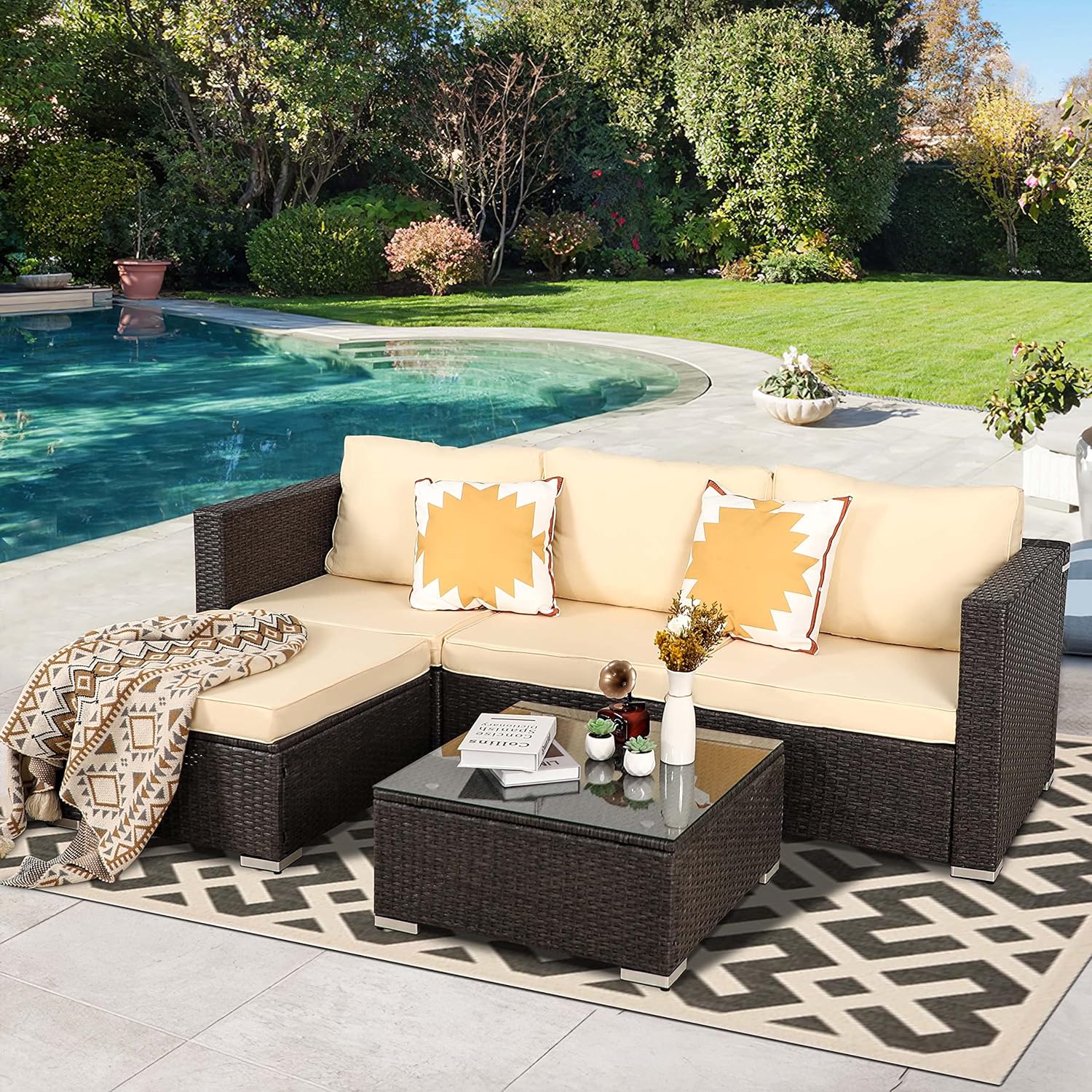 Oversize 5 Piece Patio Furniture Set,Outdoor Sectional Furniture,Patio Conversation Sets,Wicker Patio Furniture Sets,Porch Furniture Set,Outdoor Couch Patio Furniture,Rattan Outdoor Furniture