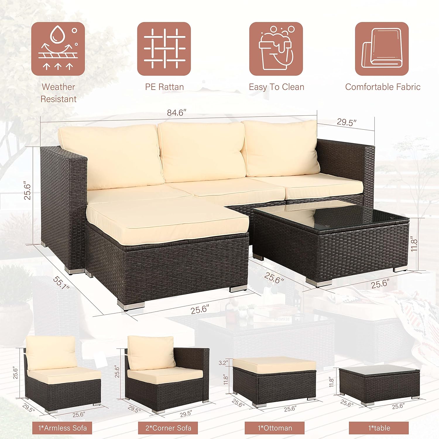 Oversize 5 Piece Patio Furniture Set,Outdoor Sectional Furniture,Patio Conversation Sets,Wicker Patio Furniture Sets,Porch Furniture Set,Outdoor Couch Patio Furniture,Rattan Outdoor Furniture - Image 2