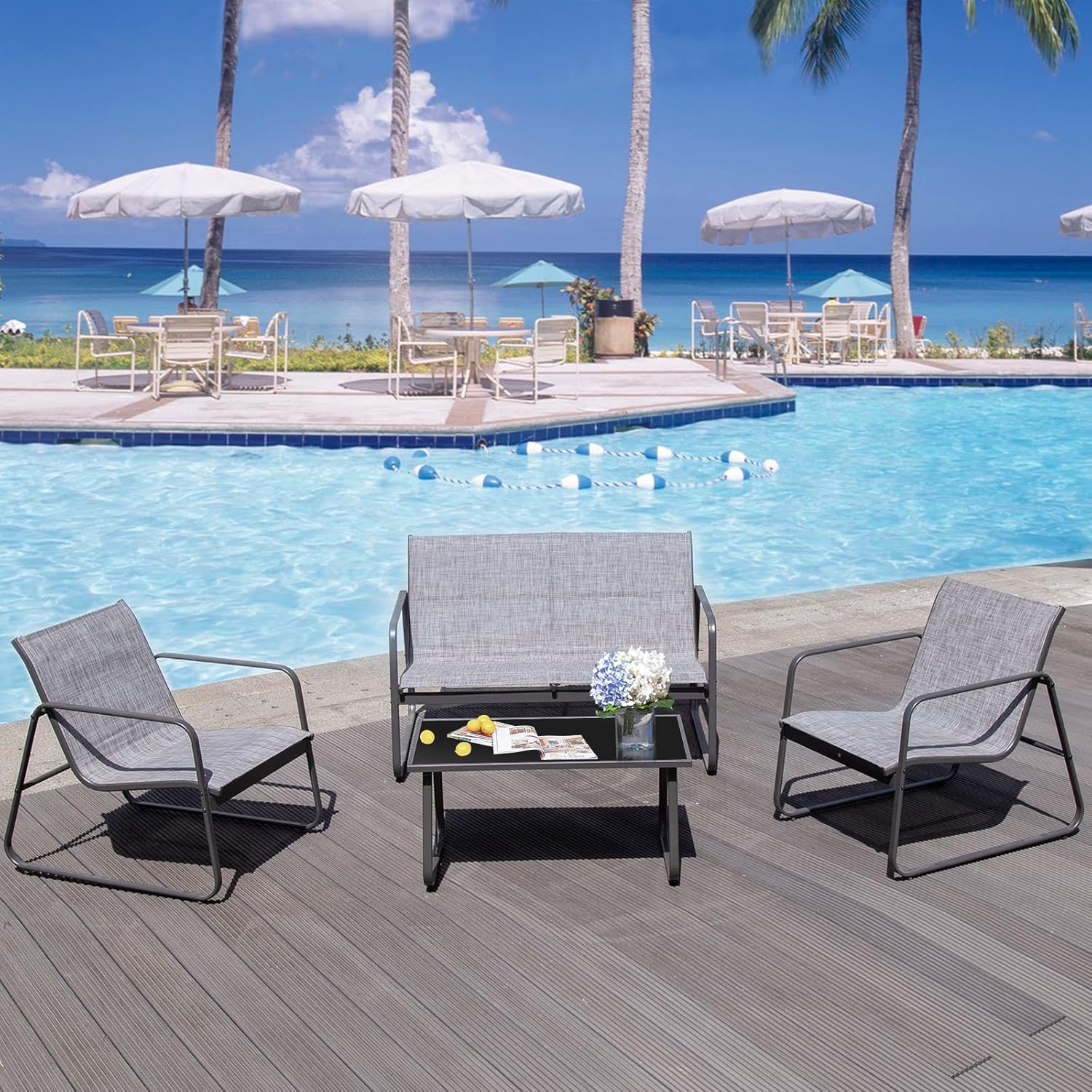 PAIQIAN 4-Pieces Patio Furniture Set Patio Furniture Outdoor Furniture Modern Conversation Set Bistro Set with Loveseat and Coffee Table for Courtyard, Lawn and Balcony (Grey) - Image 2