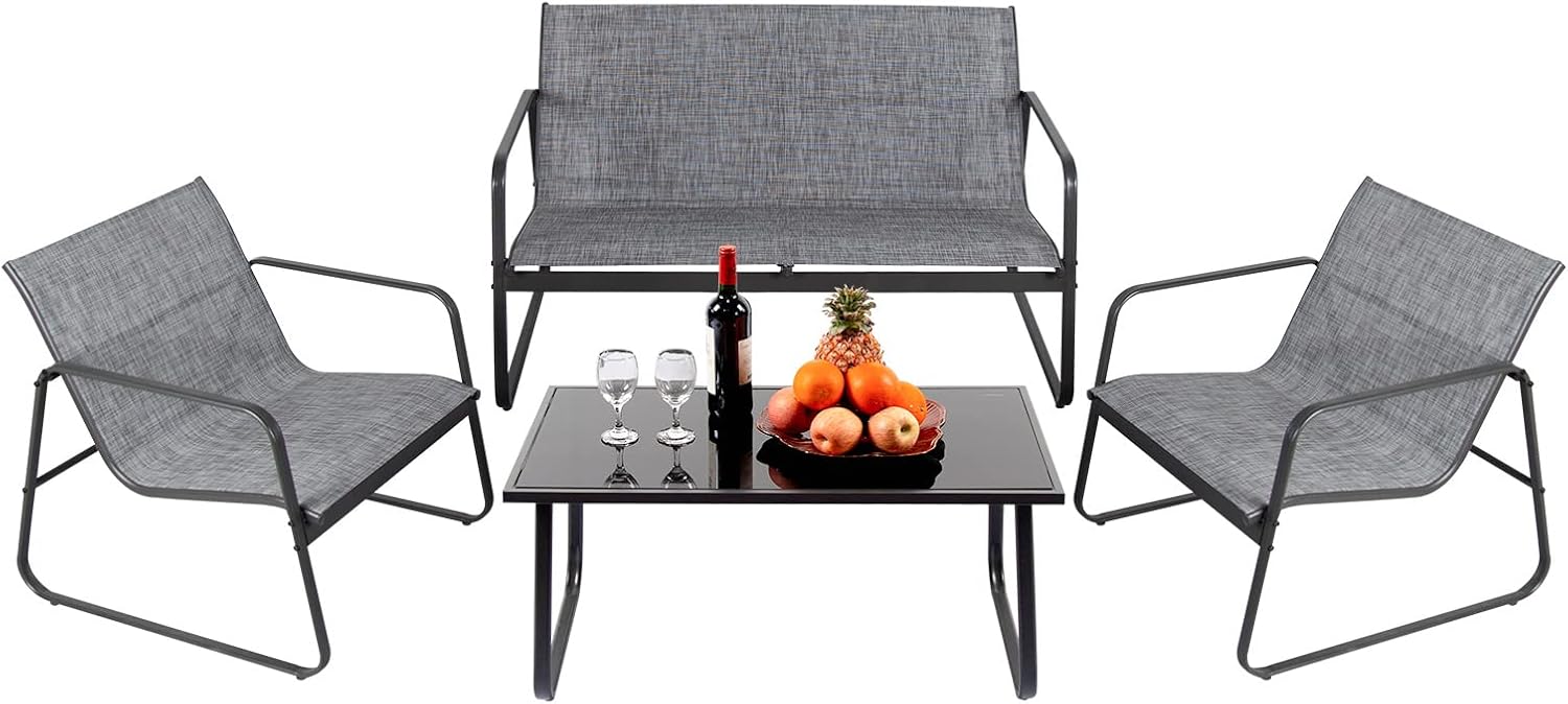 PAIQIAN 4-Pieces Patio Furniture Set Patio Furniture Outdoor Furniture Modern Conversation Set Bistro Set with Loveseat and Coffee Table for Courtyard, Lawn and Balcony (Grey)