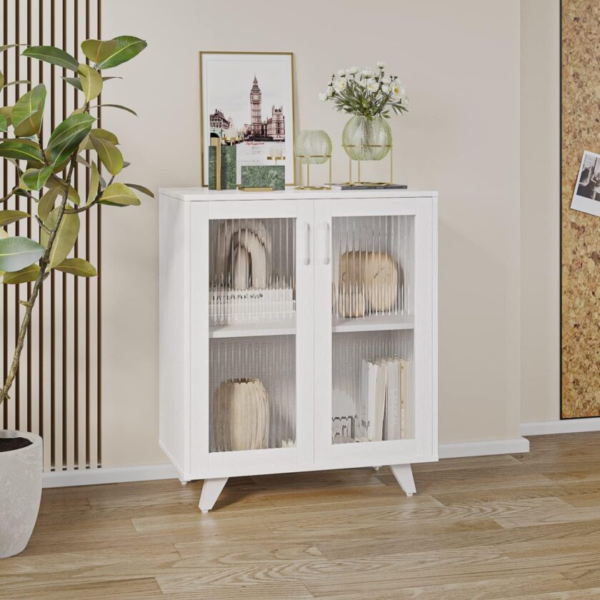 Panana Kitchen Buffet Server Table Accent Sideboard Cupboard Server Buffet Console Table with Doors Cabinet (27inch, White) - Image 2