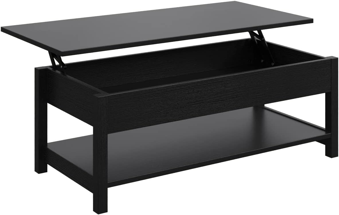 Panana Lift Top Coffee Table with Hidden Compartment & Open Storage Shelf, Lift Tabletop Farmhouse Table Pop Up Table for Living Room,Home Office Reception, 45.28" L x 21.16" W x 16.14" H (Black)