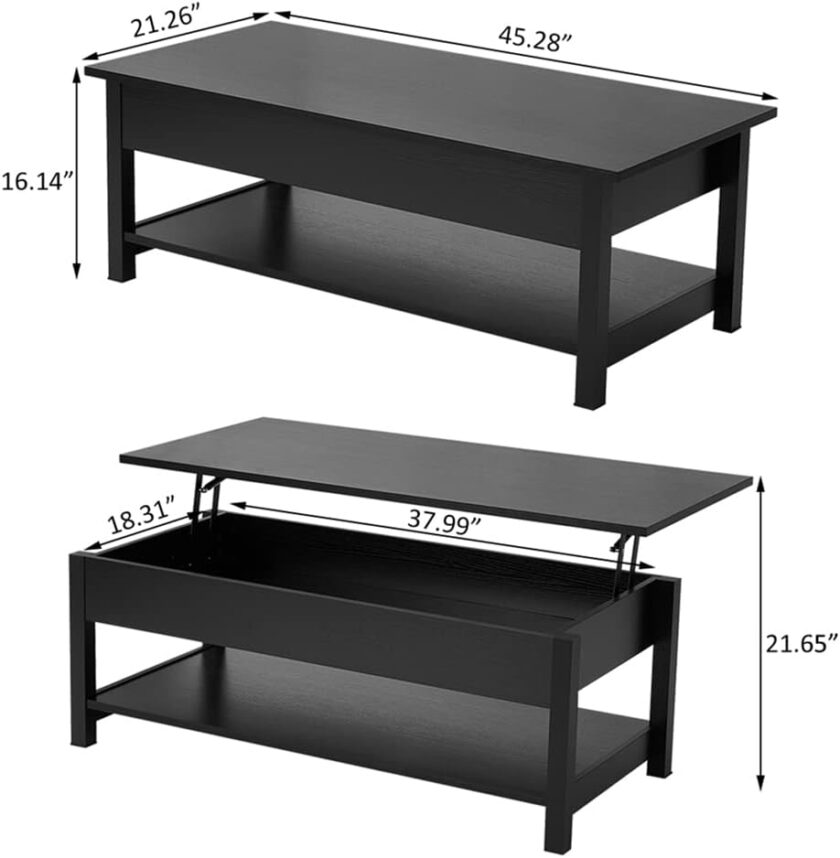 Panana Lift Top Coffee Table with Hidden Compartment & Open Storage Shelf, Lift Tabletop Farmhouse Table Pop Up Table for Living Room,Home Office Reception, 45.28" L x 21.16" W x 16.14" H (Black) - Image 3