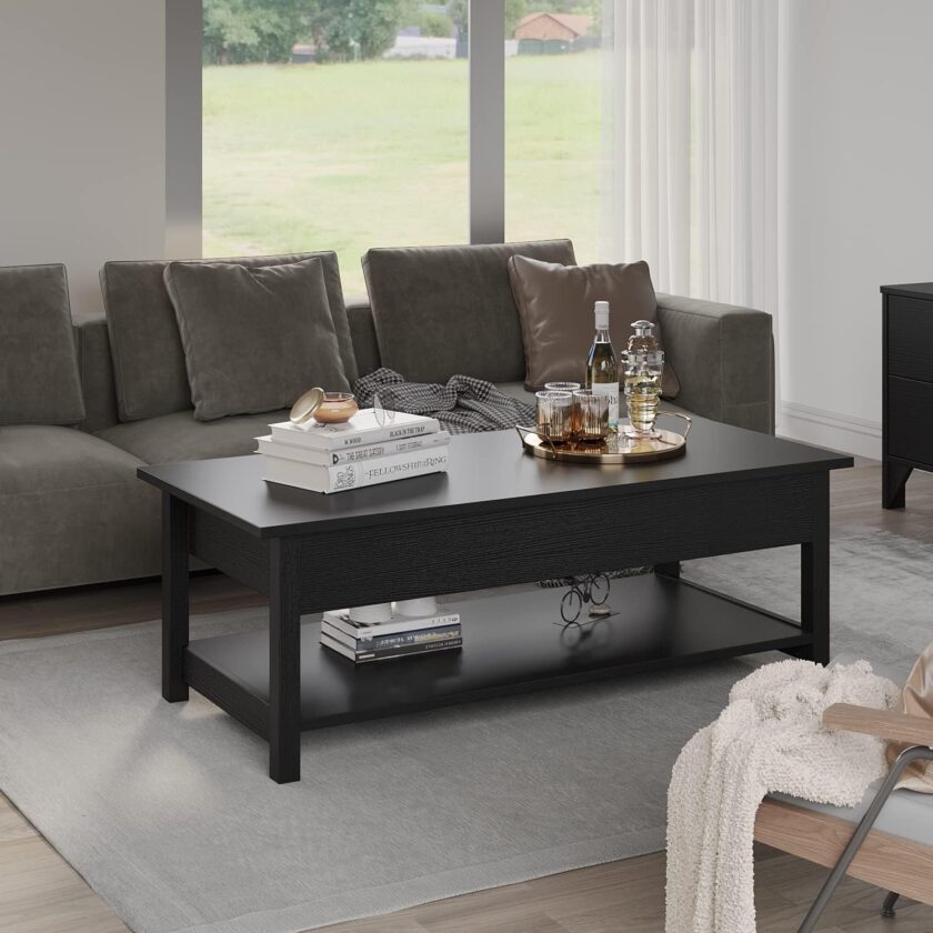 Panana Lift Top Coffee Table with Hidden Compartment & Open Storage Shelf, Lift Tabletop Farmhouse Table Pop Up Table for Living Room,Home Office Reception, 45.28" L x 21.16" W x 16.14" H (Black) - Image 4