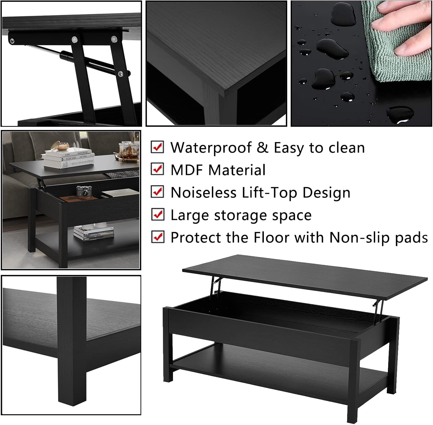 Panana Lift Top Coffee Table with Hidden Compartment & Open Storage Shelf, Lift Tabletop Farmhouse Table Pop Up Table for Living Room,Home Office Reception, 45.28" L x 21.16" W x 16.14" H (Black) - Image 5