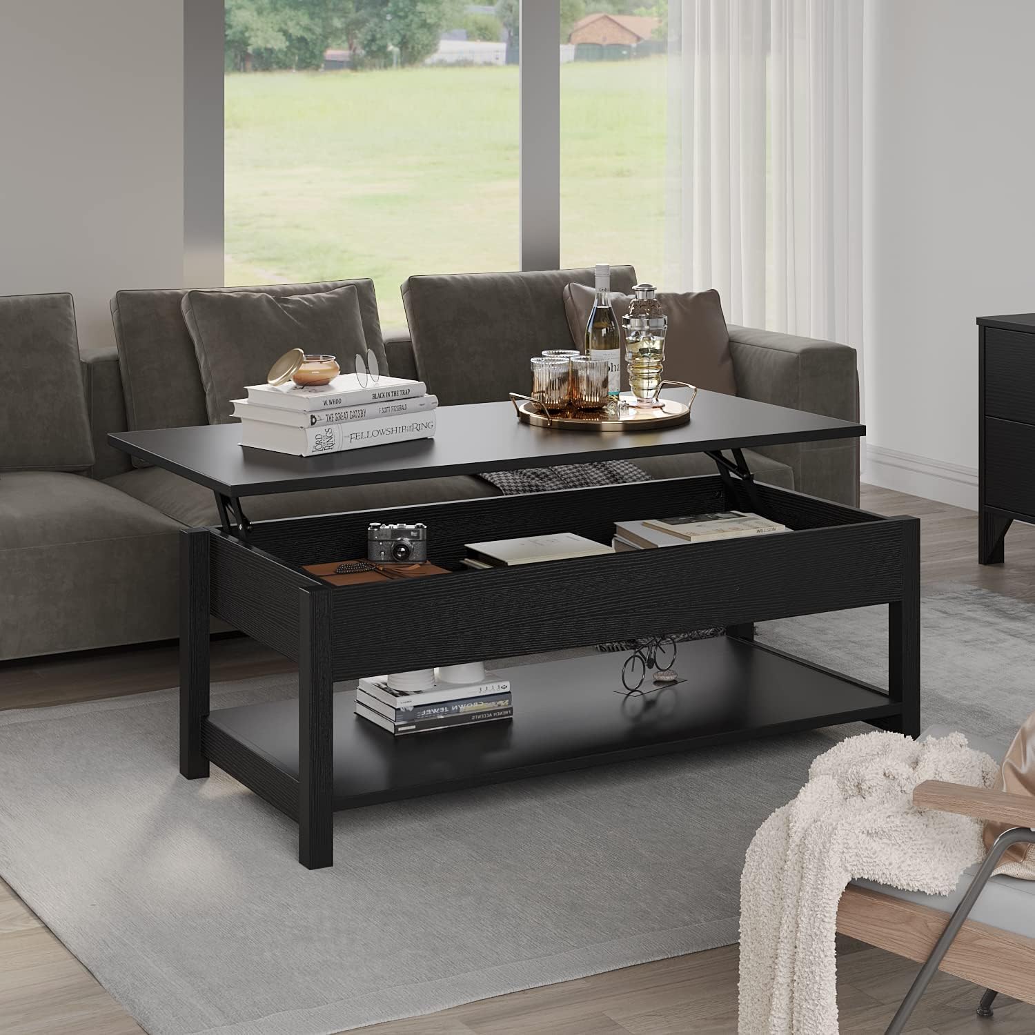 Panana Lift Top Coffee Table with Hidden Compartment & Open Storage Shelf, Lift Tabletop Farmhouse Table Pop Up Table for Living Room,Home Office Reception, 45.28" L x 21.16" W x 16.14" H (Black) - Image 2