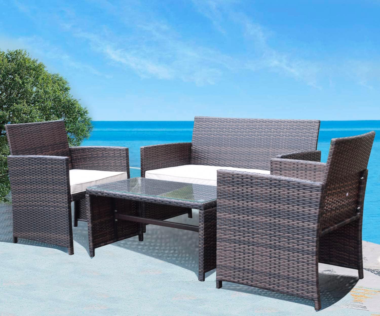 paonne Patio Furniture 4 Pieces Conversation Sets Outdoor Wicker Rattan Chairs Garden Backyard Balcony Porch Poolside loveseat with Soft Cushion and Glass Table (Off White) - Image 2