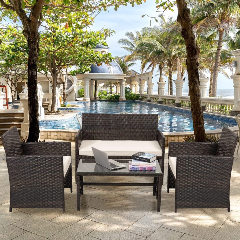 paonne Patio Furniture 4 Pieces Conversation Sets Outdoor Wicker Rattan Chairs Garden Backyard Balcony Porch Poolside loveseat with Soft Cushion and Glass Table (Off White)