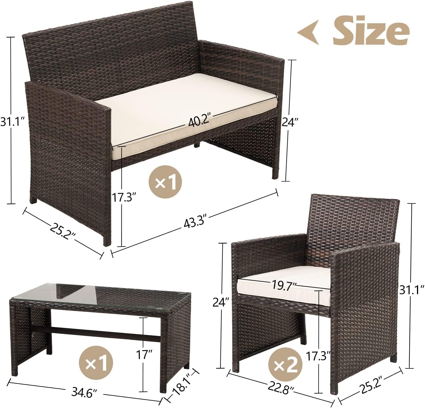 paonne Patio Furniture 4 Pieces Conversation Sets Outdoor Wicker Rattan Chairs Garden Backyard Balcony Porch Poolside loveseat with Soft Cushion and Glass Table (Off White) - Image 7