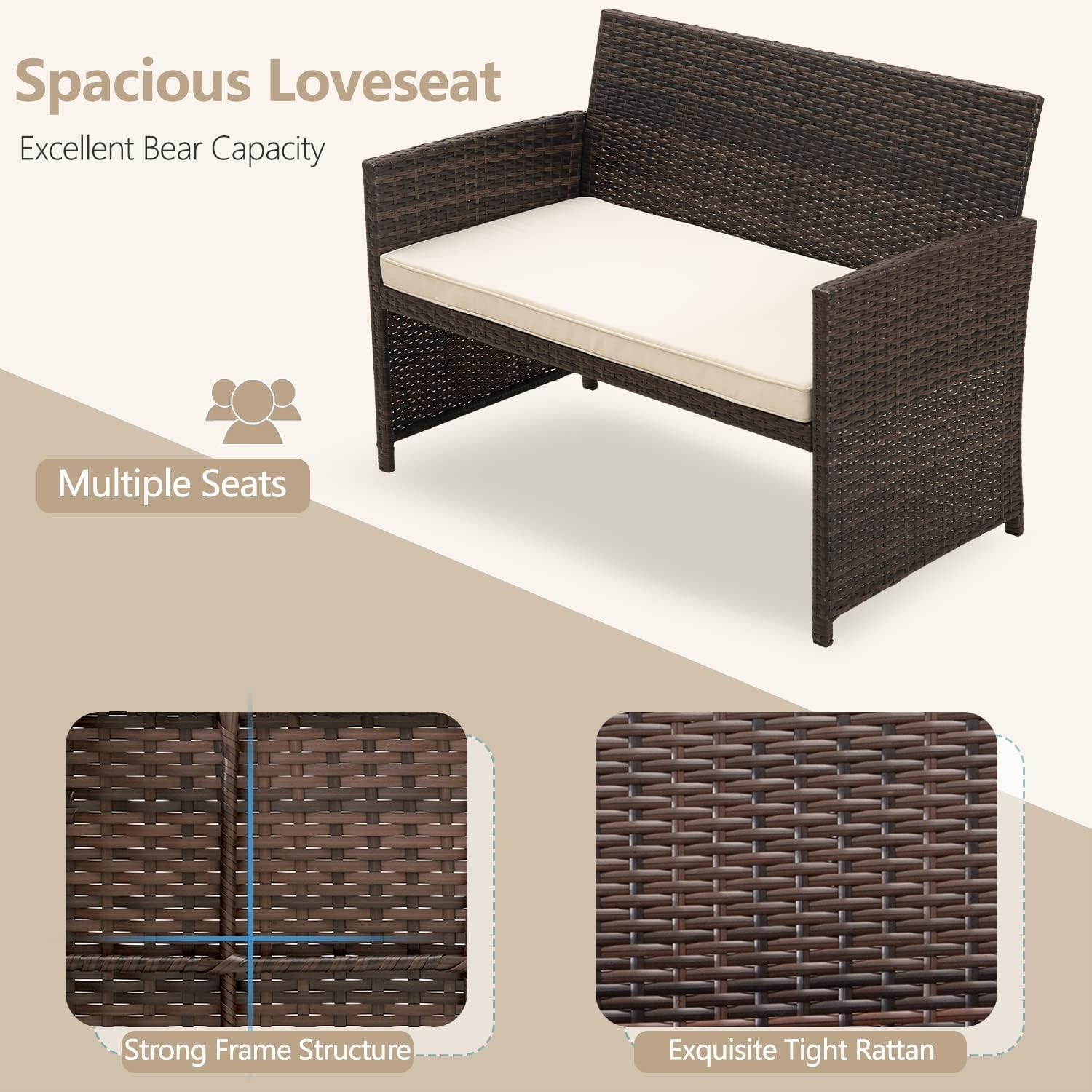 paonne Patio Furniture 4 Pieces Conversation Sets Outdoor Wicker Rattan Chairs Garden Backyard Balcony Porch Poolside loveseat with Soft Cushion and Glass Table (Off White) - Image 4