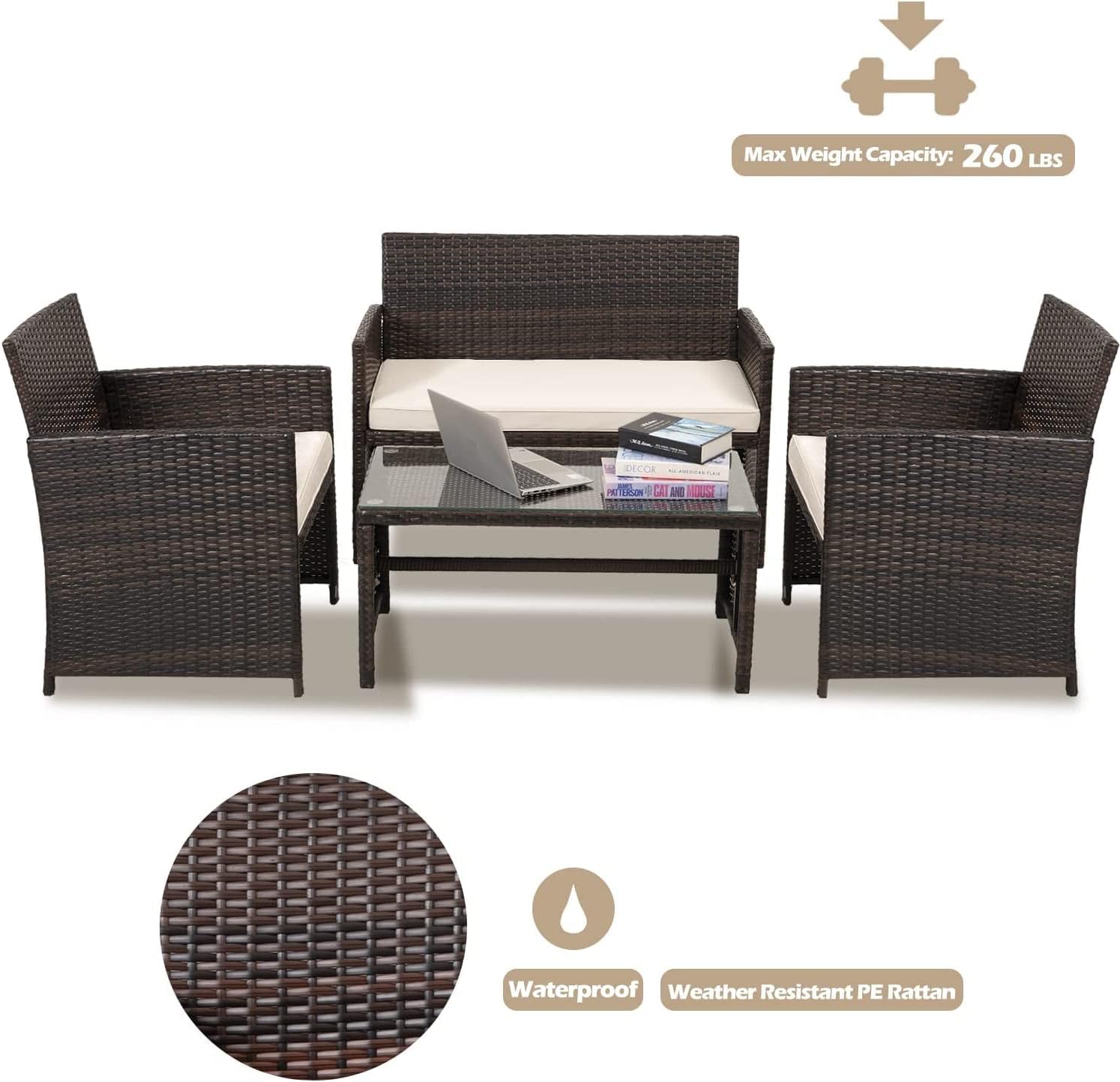 paonne Patio Furniture 4 Pieces Conversation Sets Outdoor Wicker Rattan Chairs Garden Backyard Balcony Porch Poolside loveseat with Soft Cushion and Glass Table (Off White) - Image 5