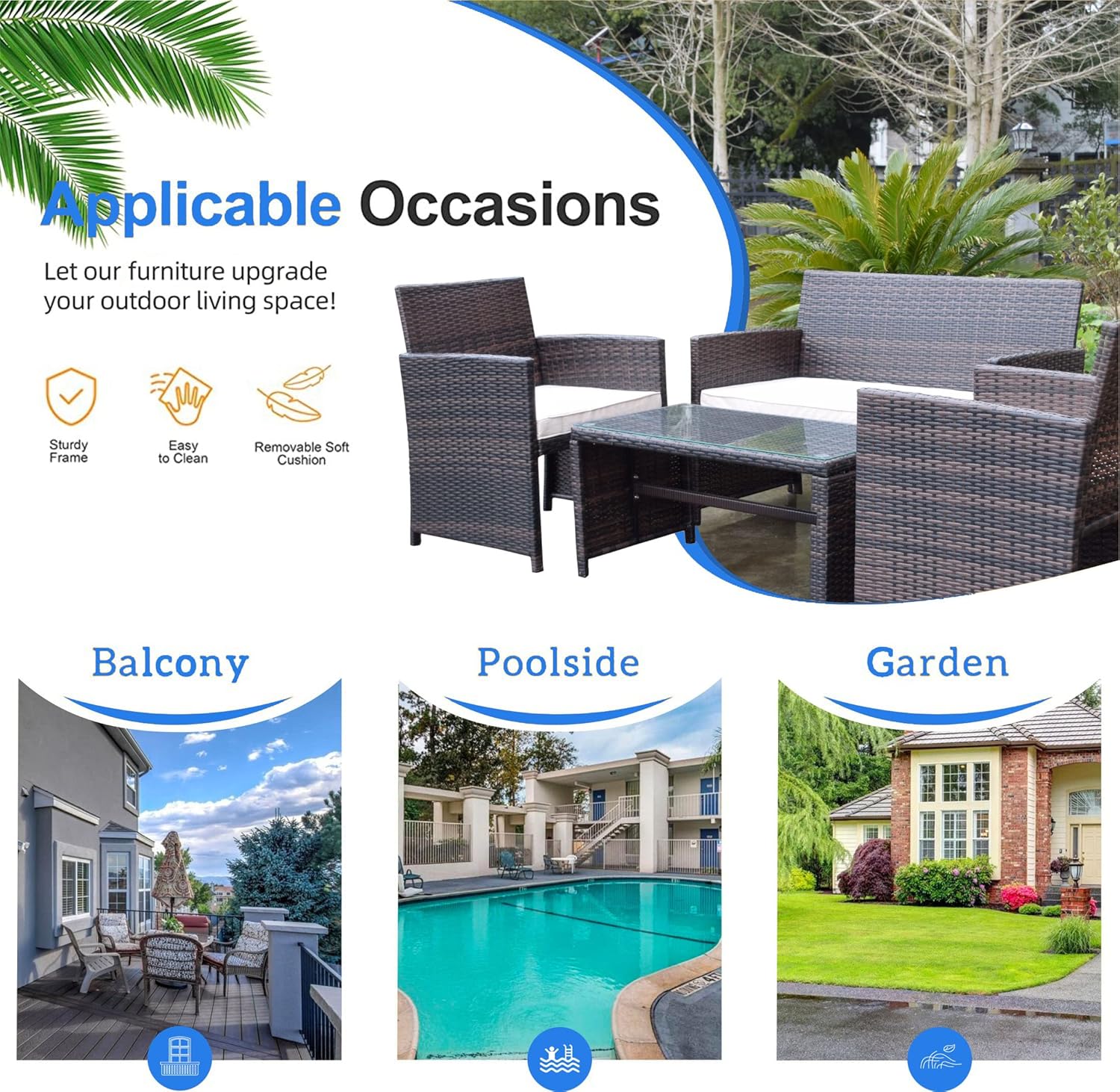 paonne Patio Furniture 4 Pieces Conversation Sets Outdoor Wicker Rattan Chairs Garden Backyard Balcony Porch Poolside loveseat with Soft Cushion and Glass Table (Off White) - Image 3