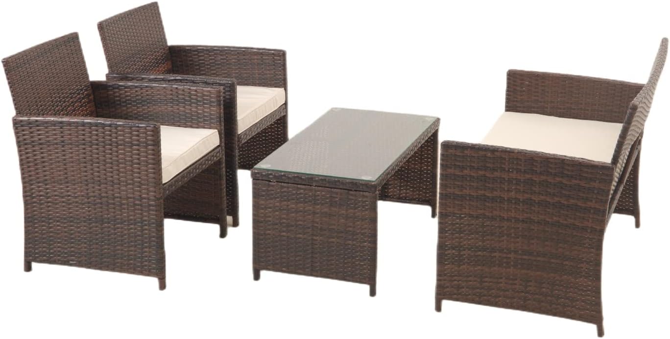 paonne Patio Furniture 4 Pieces Conversation Sets Outdoor Wicker Rattan Chairs Garden Backyard Balcony Porch Poolside loveseat with Soft Cushion and Glass Table (Off White) - Image 8