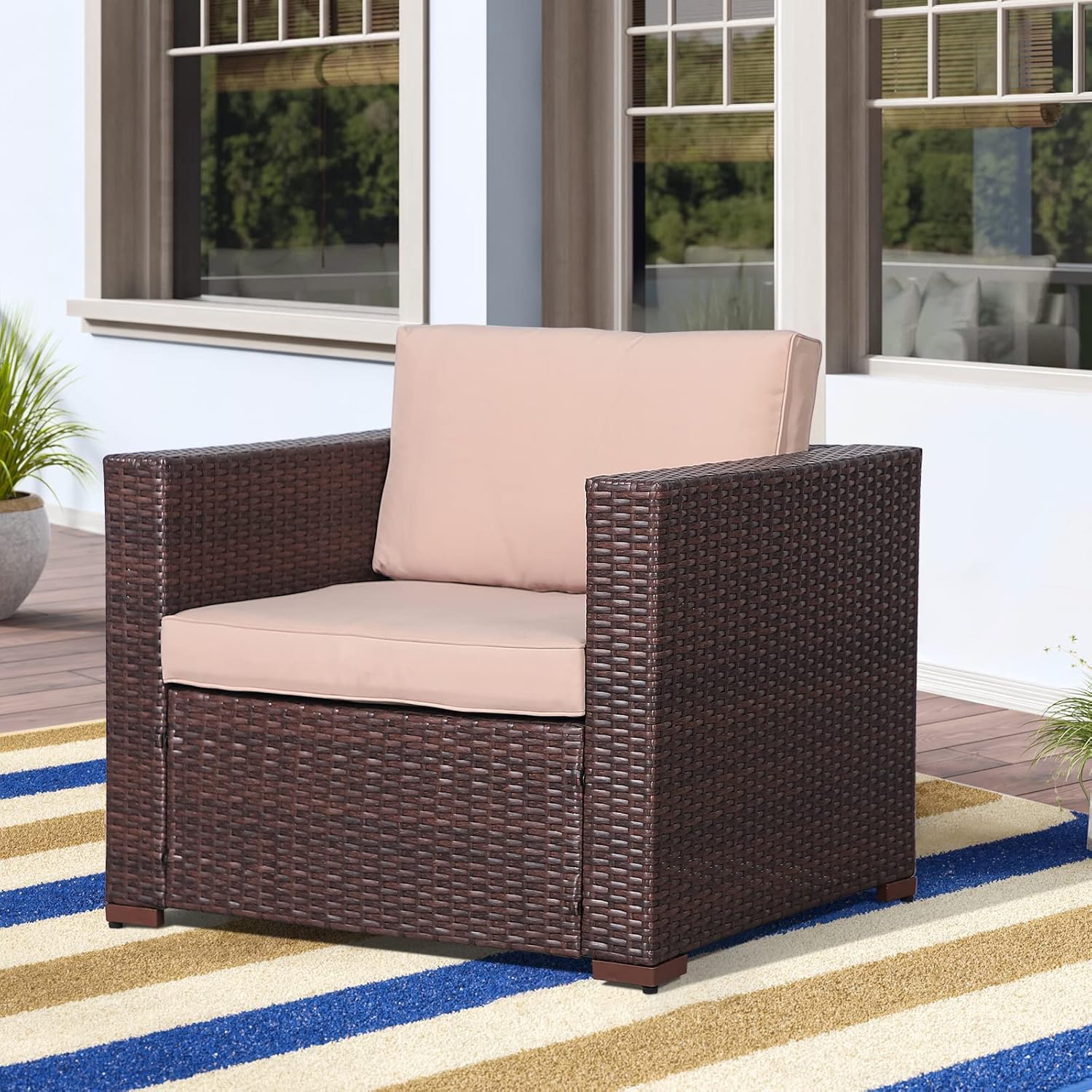 Patiorama Patio Single Sofa, Outdoor Armchair, All-Weather Brown PE Wicker Rattan Sectional Sofa, Additional Chair for Furniture Set, Patio Seating for Balcony Garden Porch Pool (Beige Cushion) - Image 9