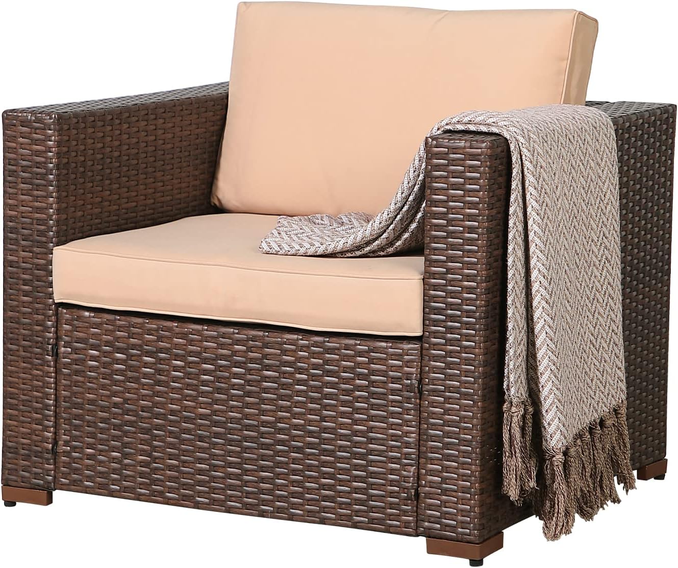Patiorama Patio Single Sofa, Outdoor Armchair, All-Weather Brown PE Wicker Rattan Sectional Sofa, Additional Chair for Furniture Set, Patio Seating for Balcony Garden Porch Pool (Beige Cushion)