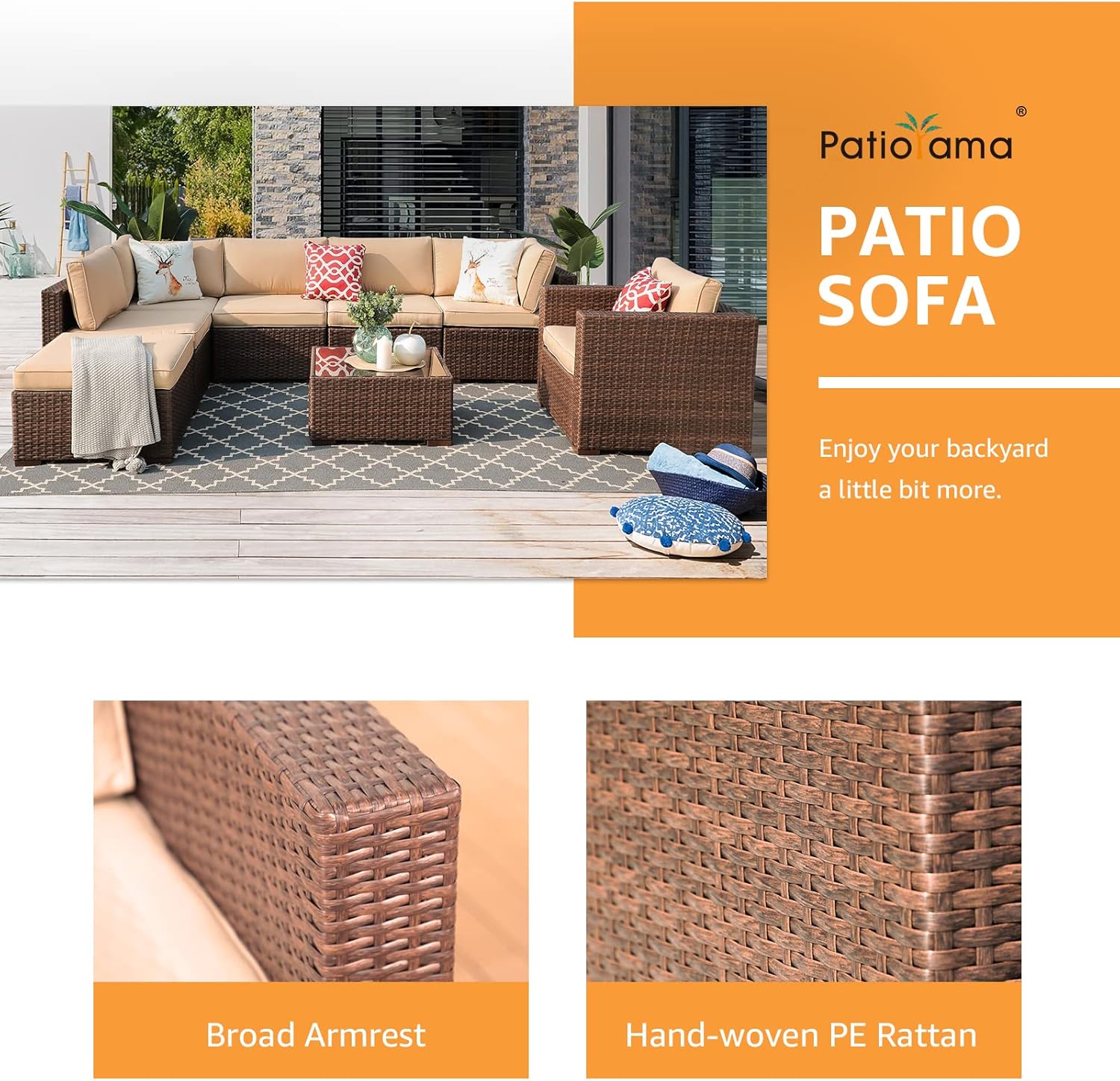 Patiorama Patio Single Sofa, Outdoor Armchair, All-Weather Brown PE Wicker Rattan Sectional Sofa, Additional Chair for Furniture Set, Patio Seating for Balcony Garden Porch Pool (Beige Cushion) - Image 6
