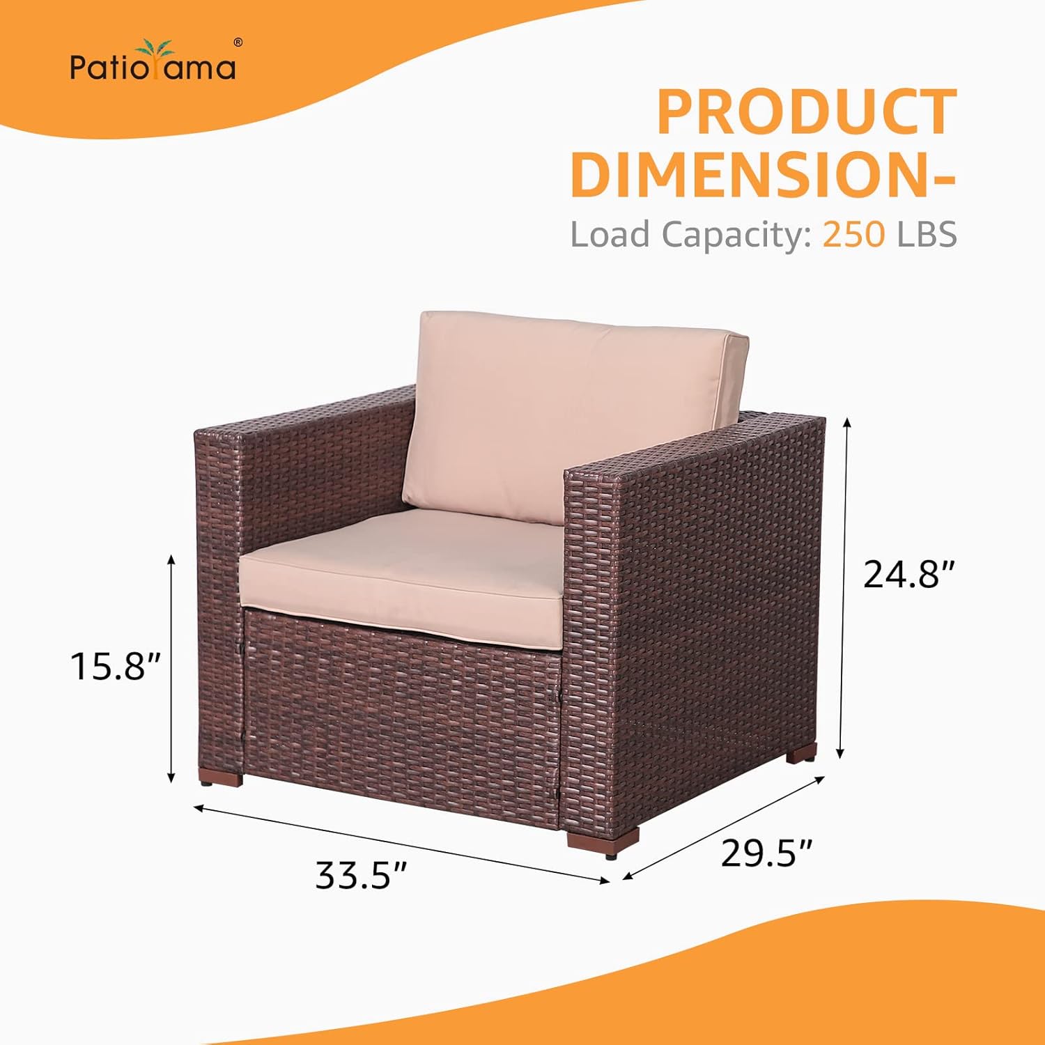 Patiorama Patio Single Sofa, Outdoor Armchair, All-Weather Brown PE Wicker Rattan Sectional Sofa, Additional Chair for Furniture Set, Patio Seating for Balcony Garden Porch Pool (Beige Cushion) - Image 3