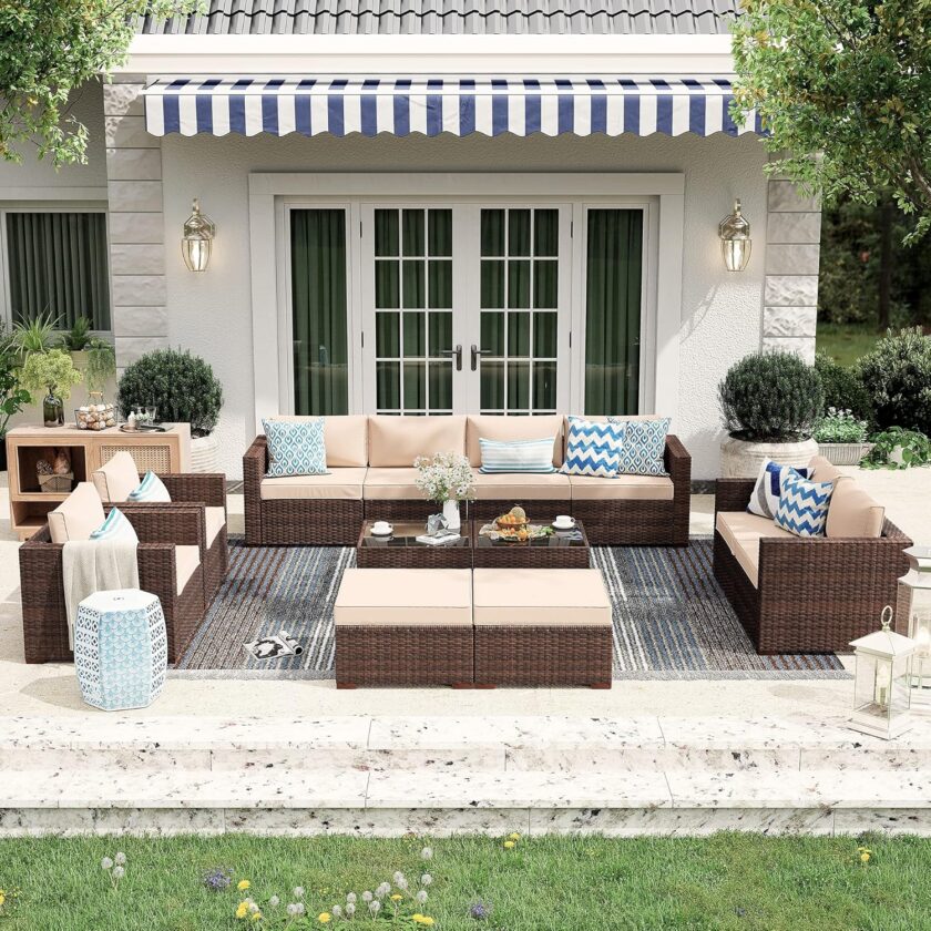 Patiorama Patio Single Sofa, Outdoor Armchair, All-Weather Brown PE Wicker Rattan Sectional Sofa, Additional Chair for Furniture Set, Patio Seating for Balcony Garden Porch Pool (Beige Cushion) - Image 2