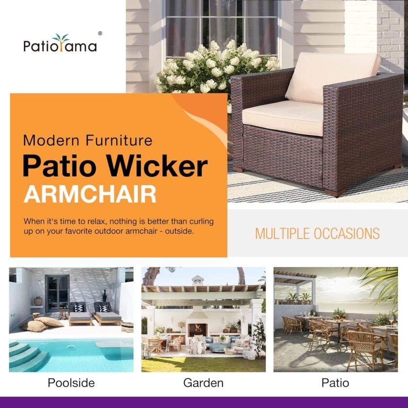 Patiorama Patio Single Sofa, Outdoor Armchair, All-Weather Brown PE Wicker Rattan Sectional Sofa, Additional Chair for Furniture Set, Patio Seating for Balcony Garden Porch Pool (Beige Cushion) - Image 7